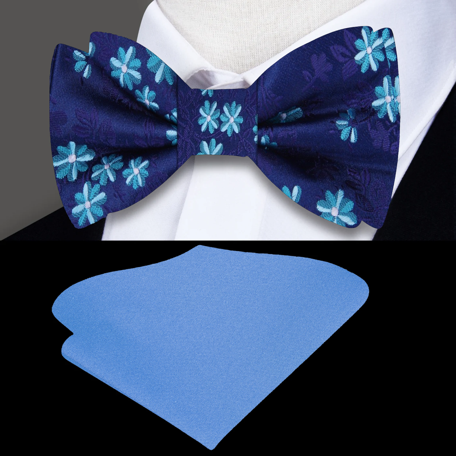 Shades of Blue with Purple Flowers Pre Tied Bow Tie and Blue Square