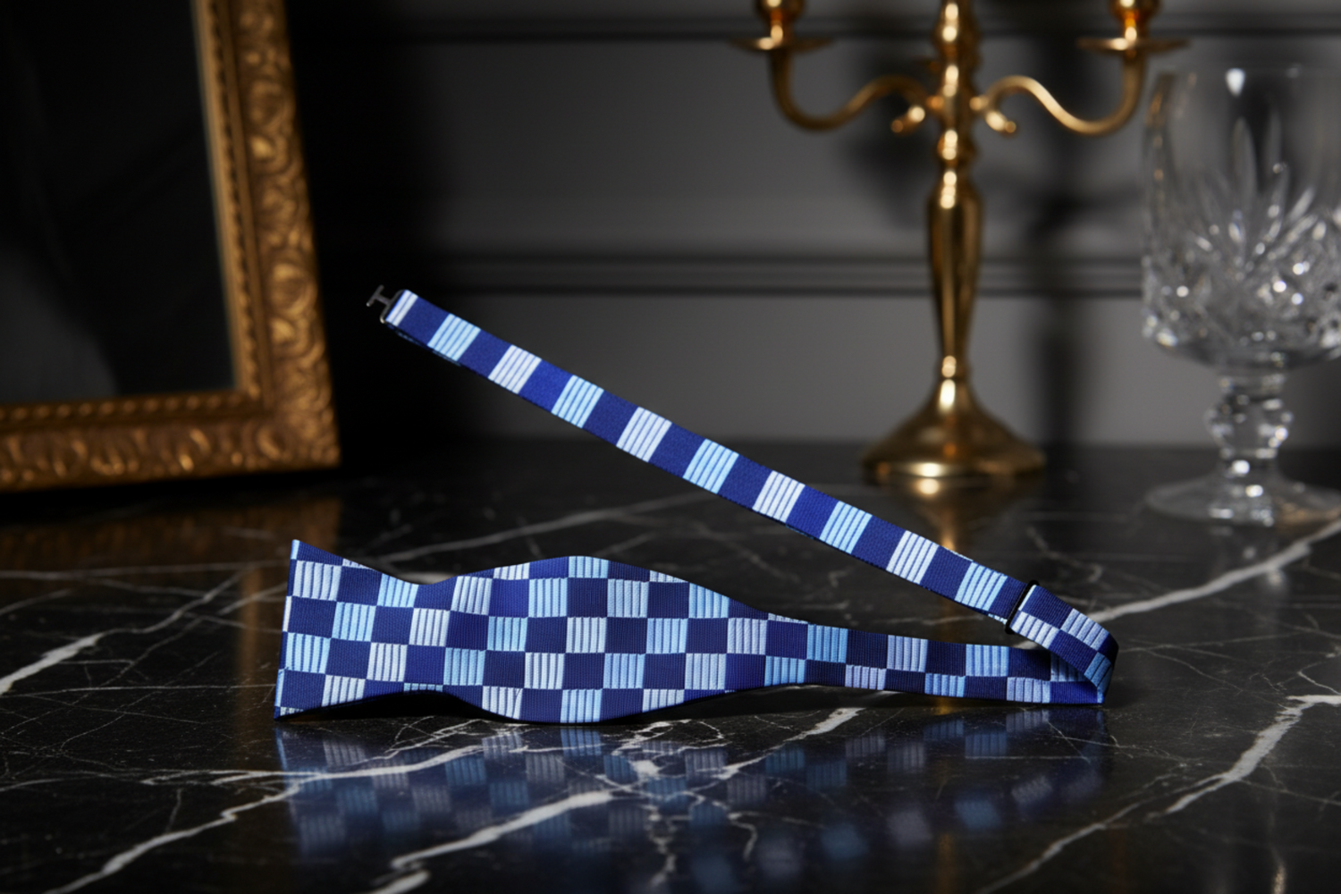 A Dark Blue, Light Blue Geometric Squares Pattern Self Tie Bow Tie Self Tie