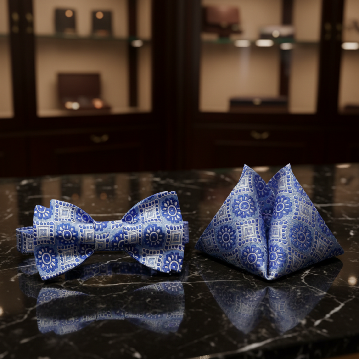 Blue, Light Blue Geometric Bow Tie and Square
