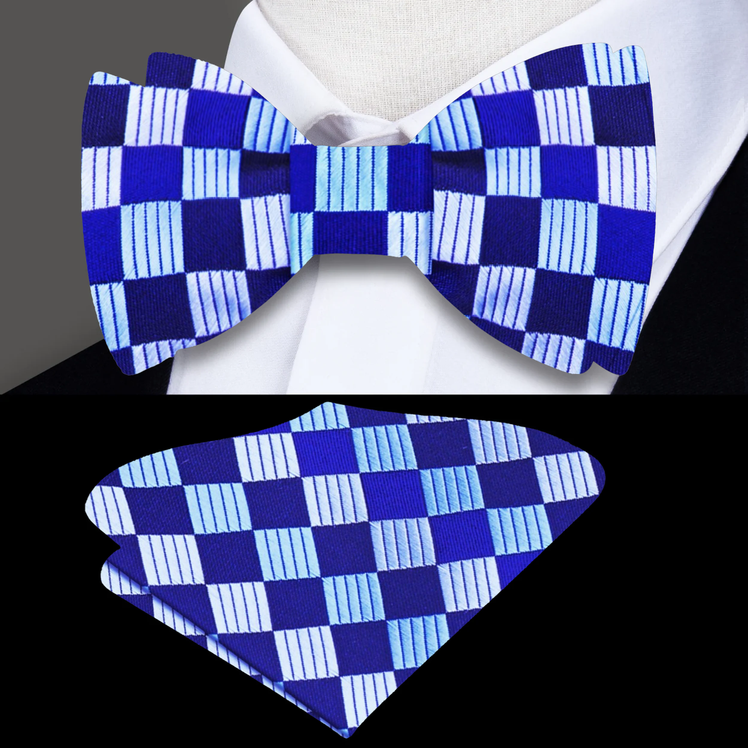 A Dark Blue, Light Blue Geometric Squares Pattern Self Tie Bow Tie, Pocket Square