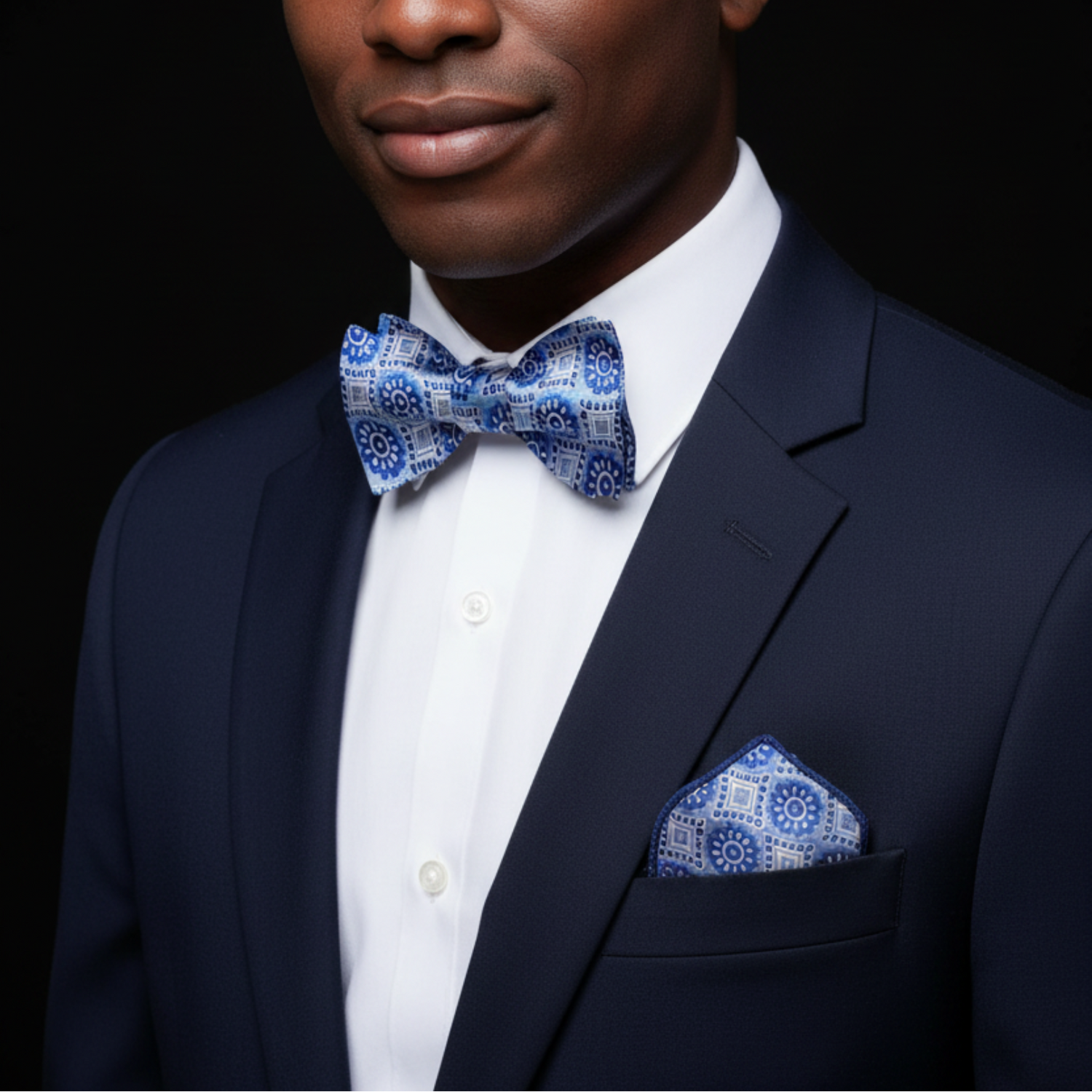 Man wearing a navy suit with a white shirt and blue patterned bow tie and pocket square against a black background.