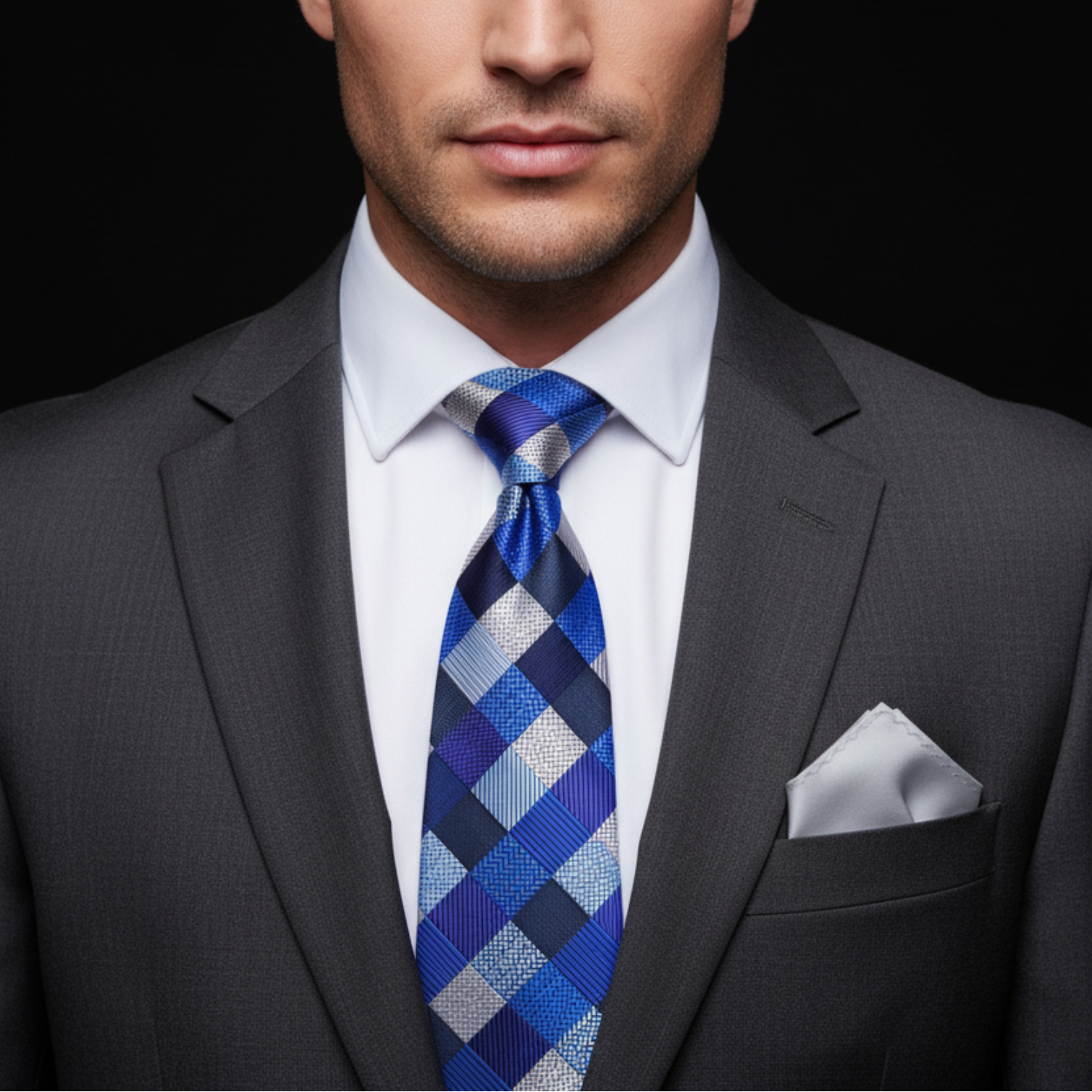 Man wearing a gray suit with a blue checkered tie and white pocket square on a black background