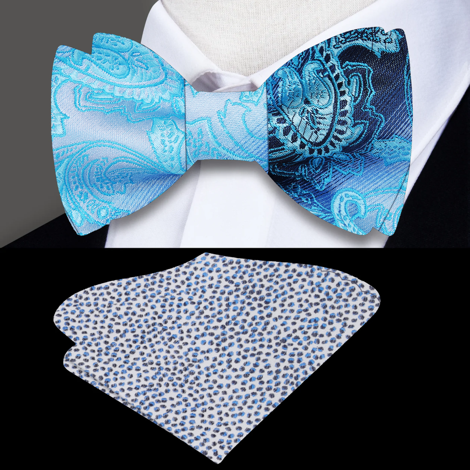Shades of Blue Paisley Bow Tie and accenting Square