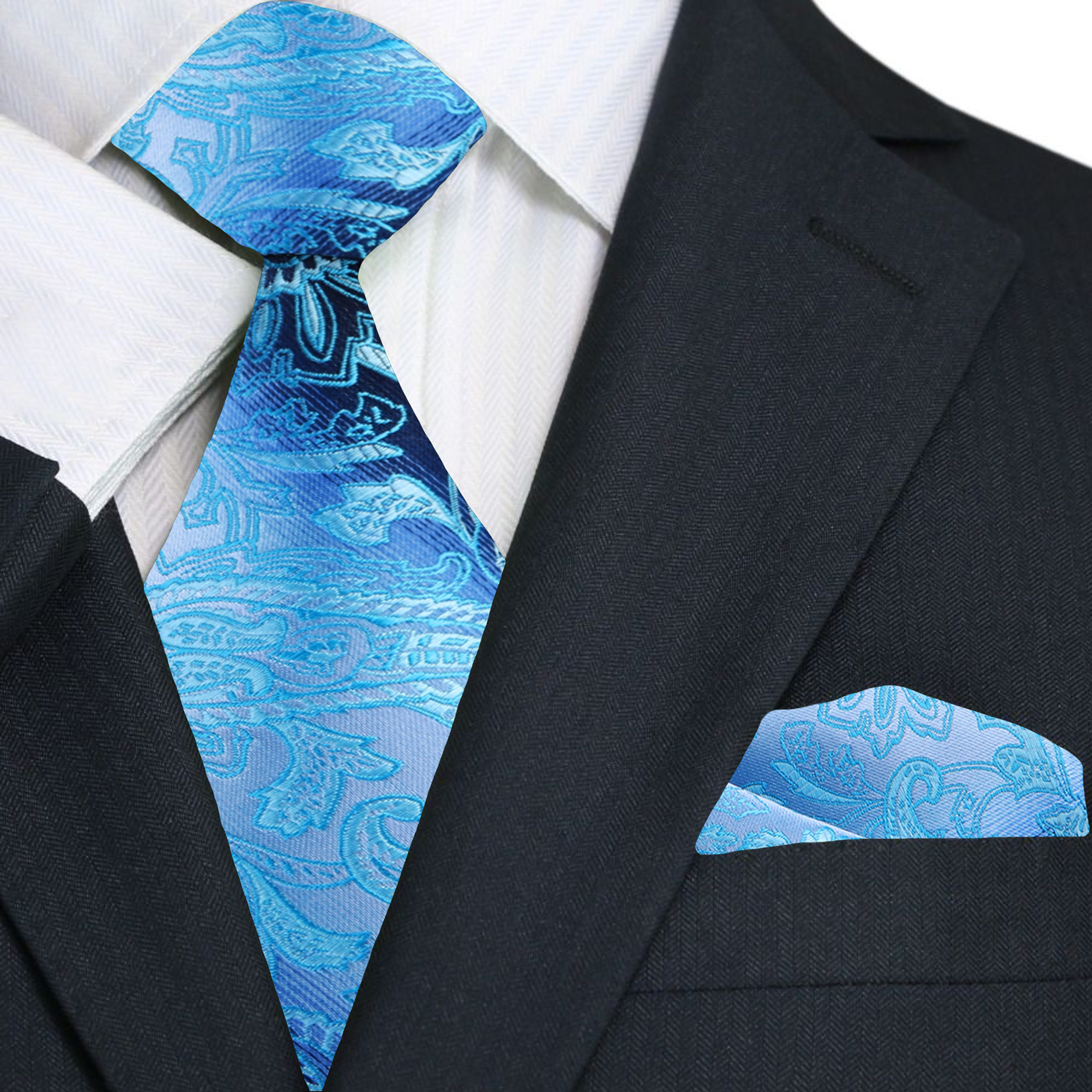 A Brilliant Blue, Dark Blue Paisley Pattern Necktie, Matching Pocket Square||Brilliant Blue