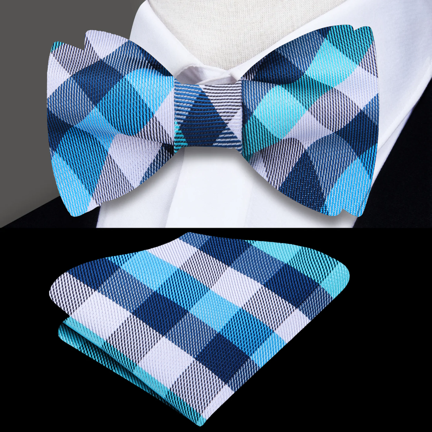 A Light Blue, White Geometric Check Pattern Self Tie Bow Tie, Matching Pocket Square