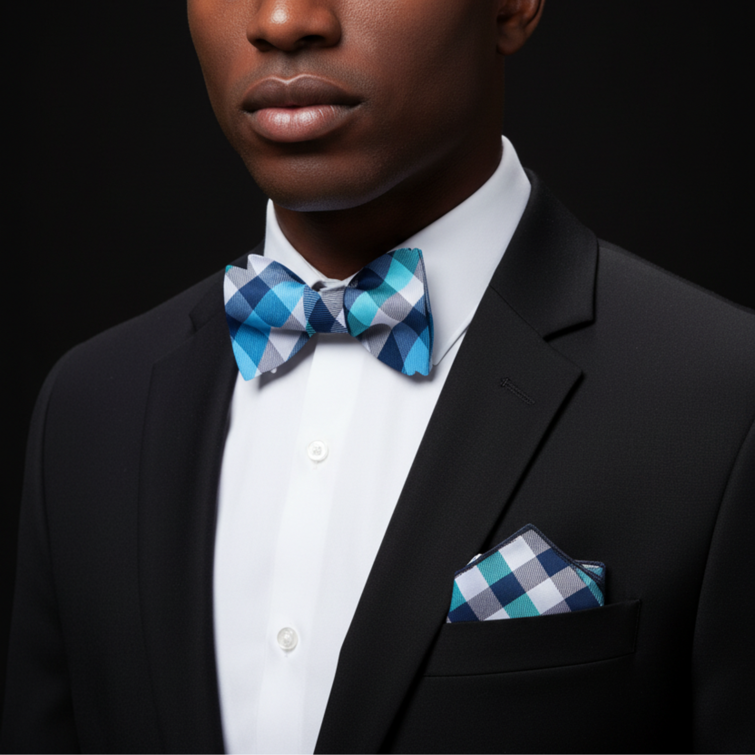 Blue and White Checker Bow Tie and Square on Man