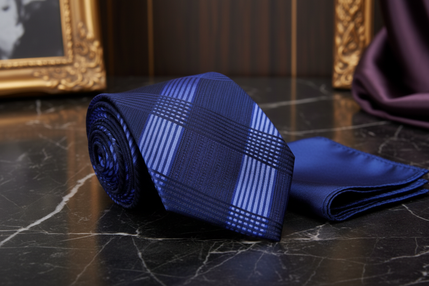 A rolled navy blue necktie with a lighter blue striped and grid plaid pattern, displayed next to a matching folded pocket square on a dark marble surface.
