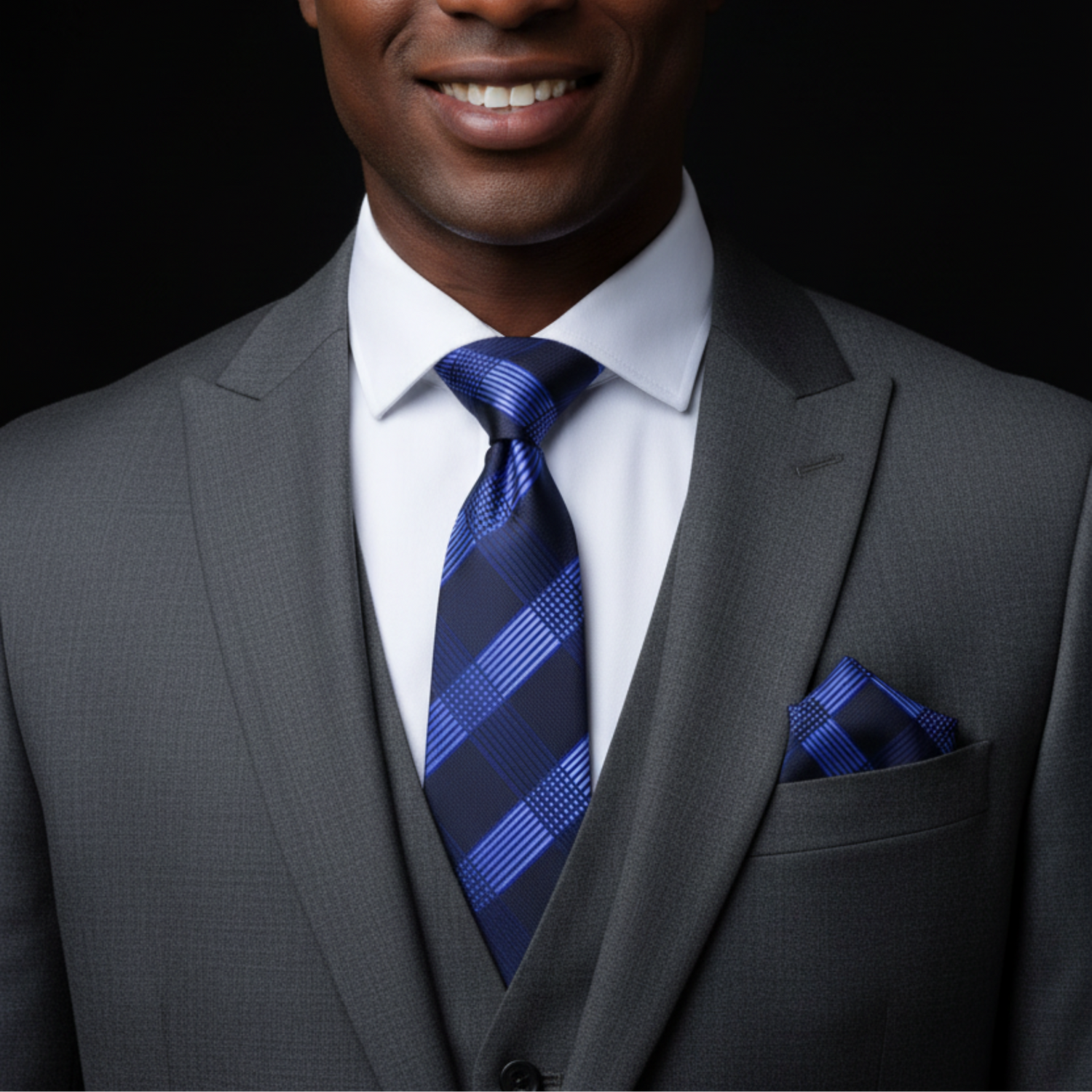 Man wearing a gray suit with a blue plaid tie and pocket square on a black background