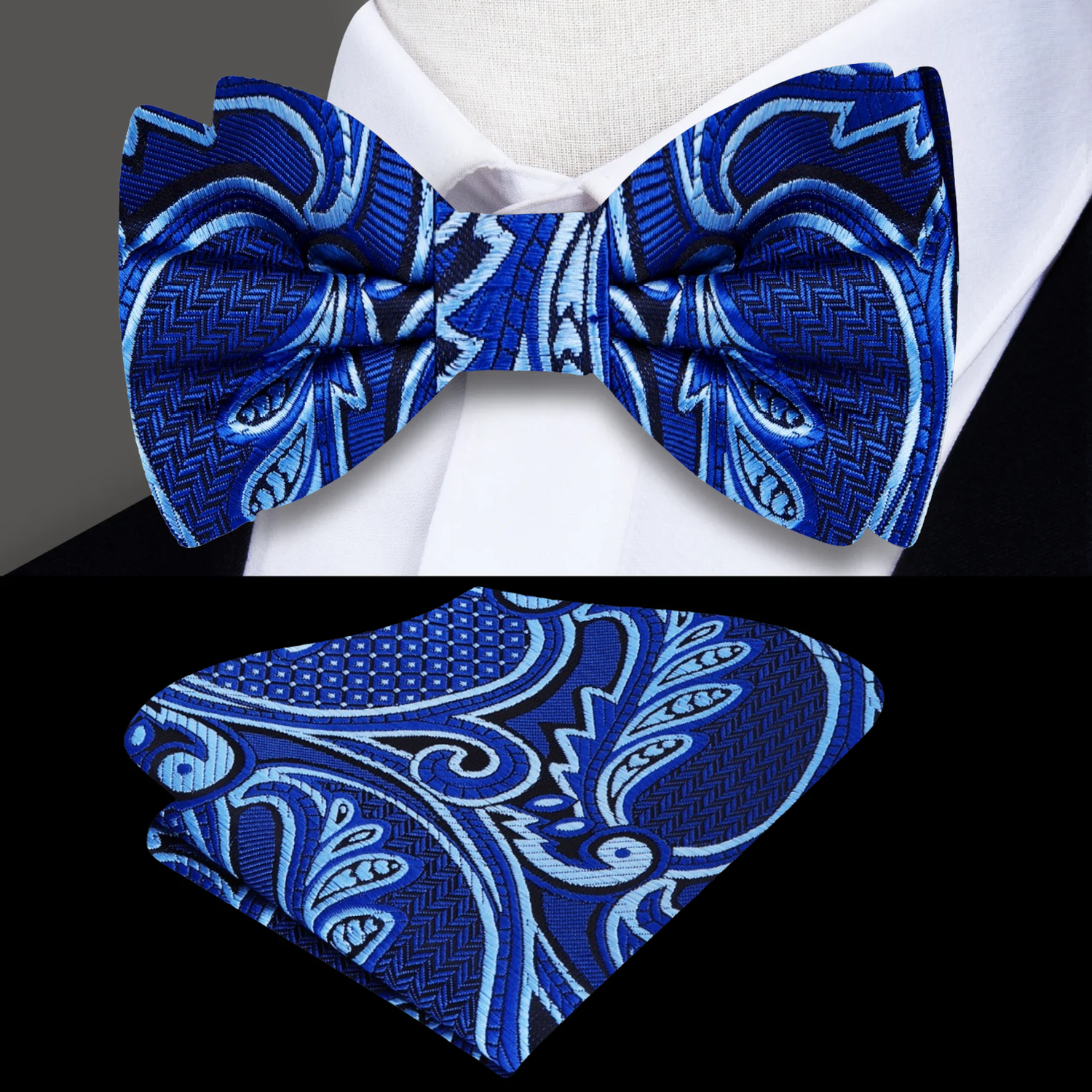 A Blue, Dark Blue Intricate Paisley Pattern Silk Pre Tied Bow Tie A Blue, Dark Blue Intricate Paisley Pattern Pre Tied Bow Tie, Light Blue Pocket Square