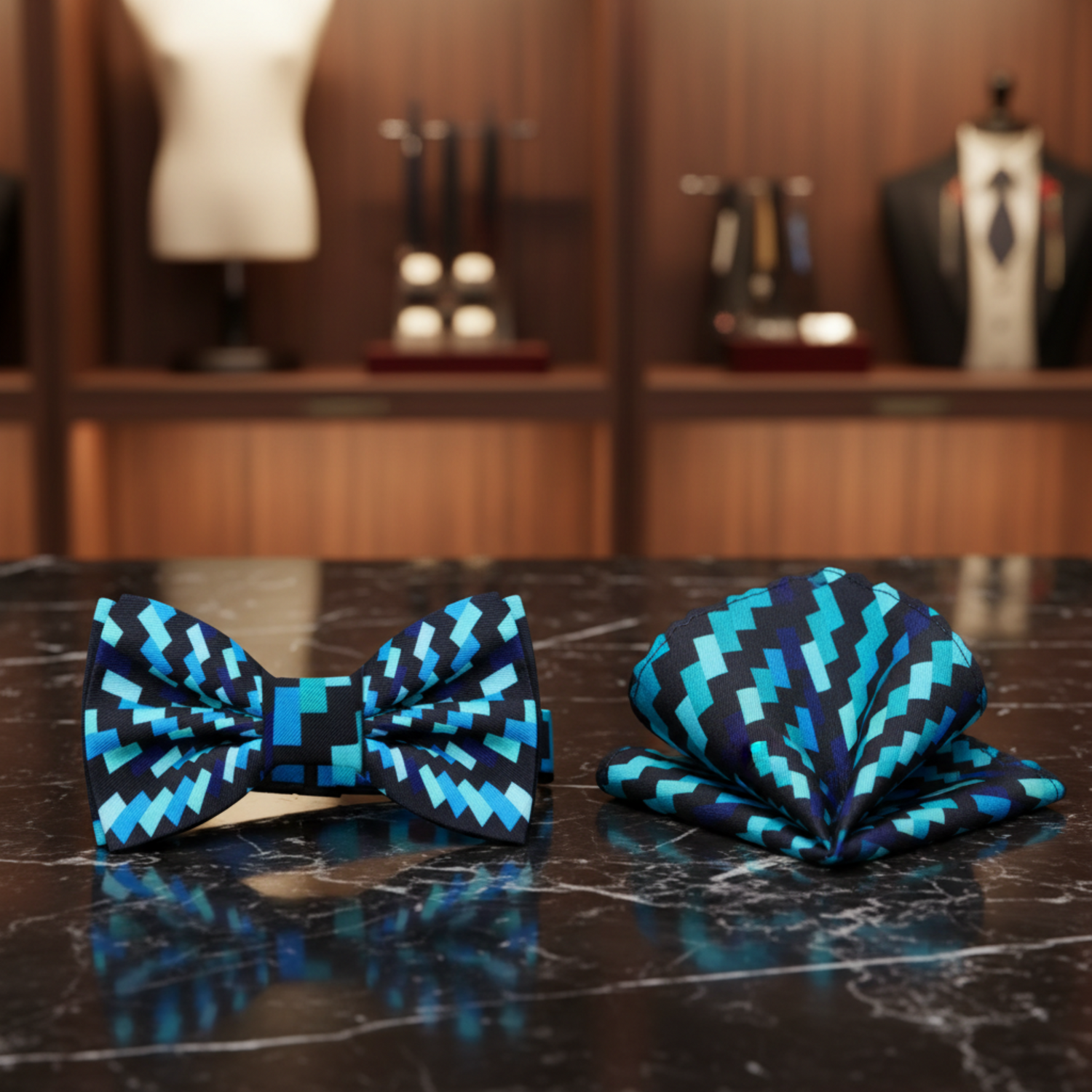 Light Blue, Black Geometric Swirl Bow Tie and Pocket Square||Light Blue, Black