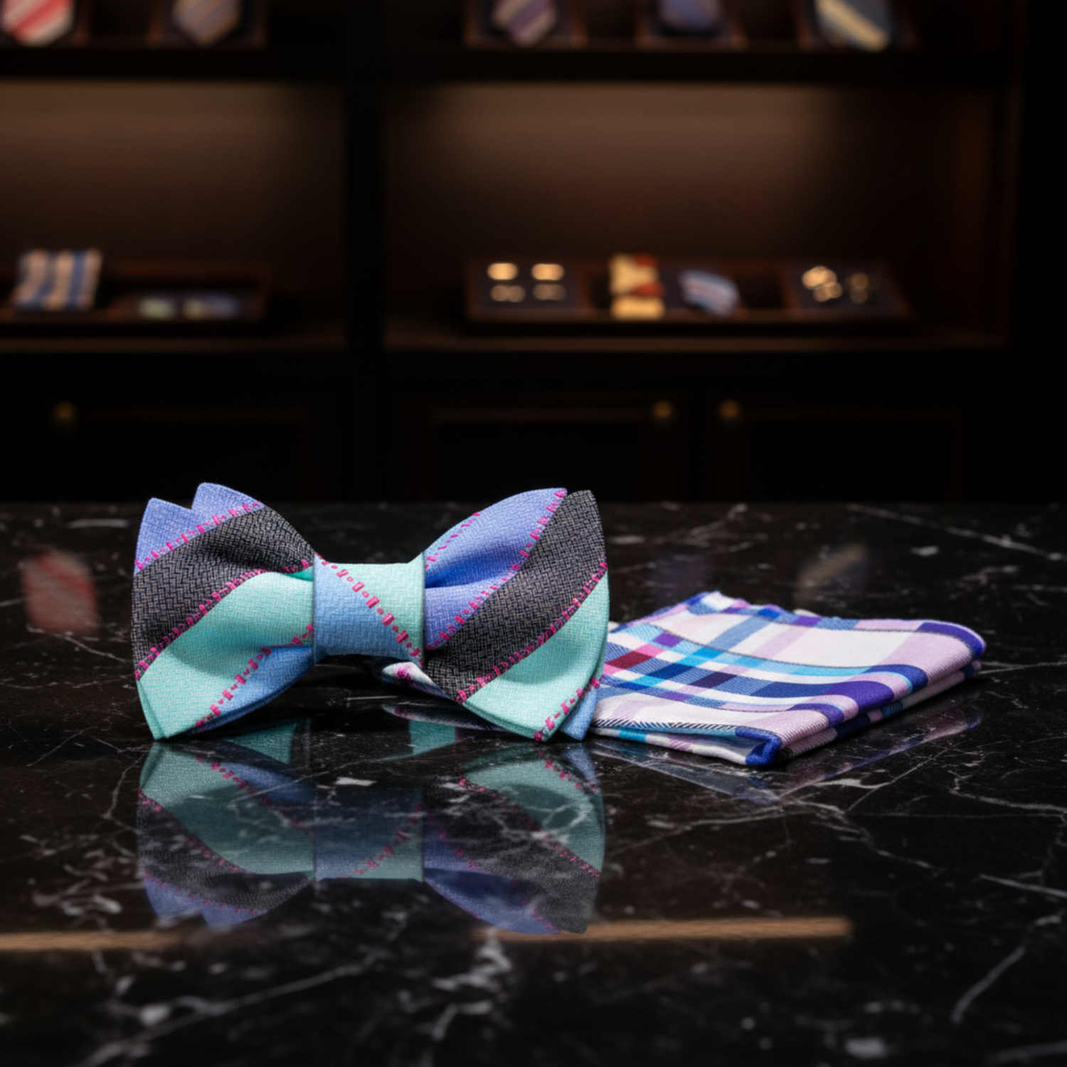 A Light Blue, Light Purple Stripe Pattern Self Tie Bow Tie, Accenting Pocket Square