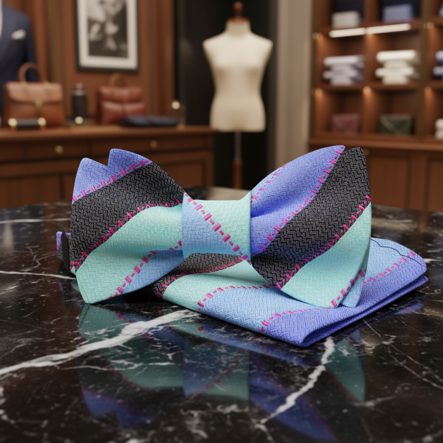 A Light Blue, Light Purple Stripe Pattern Self Tie Bow Tie, Matching Pocket Square