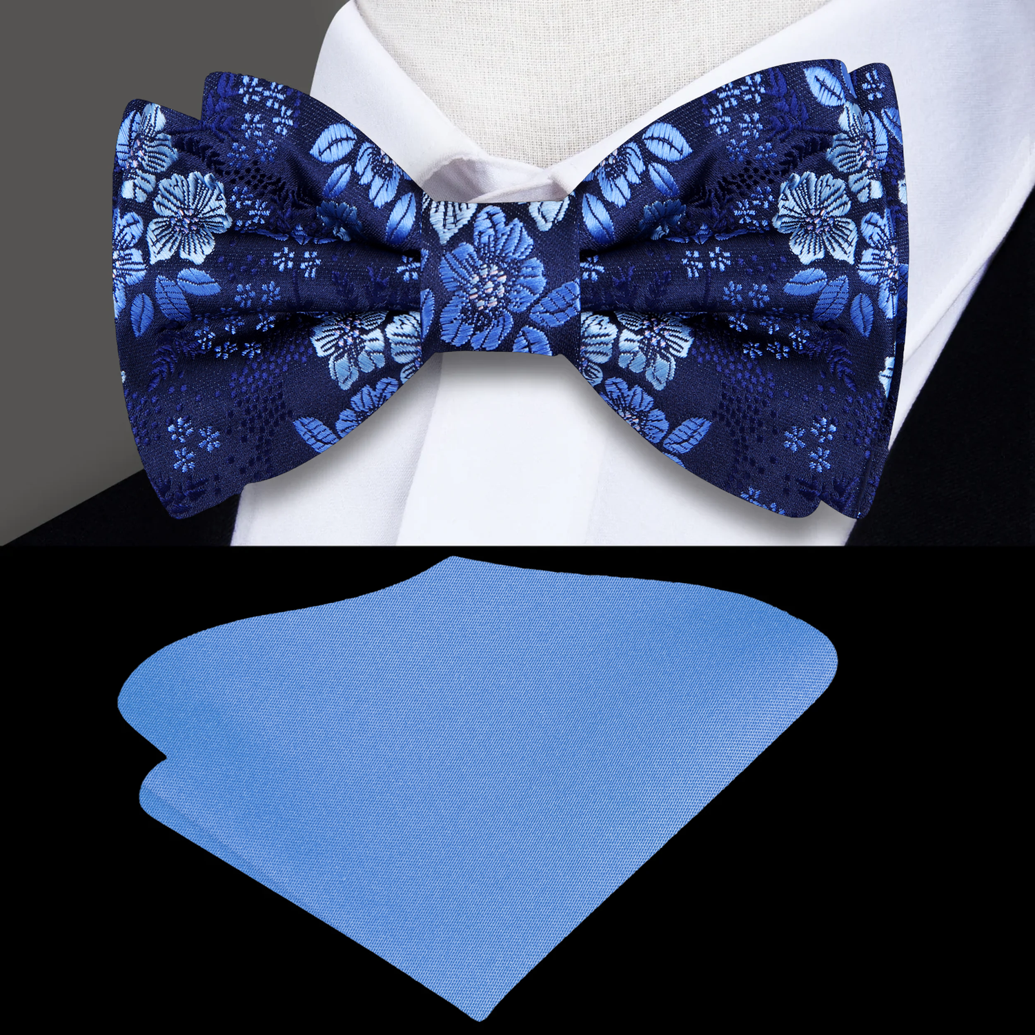Blue floral bow tie and light blue pocket square on a white shirt.