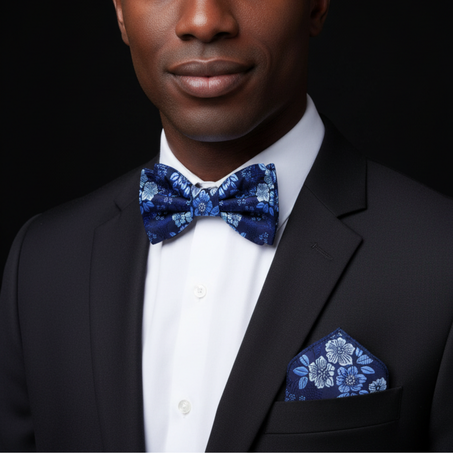 Blue flower bow tie and square on man