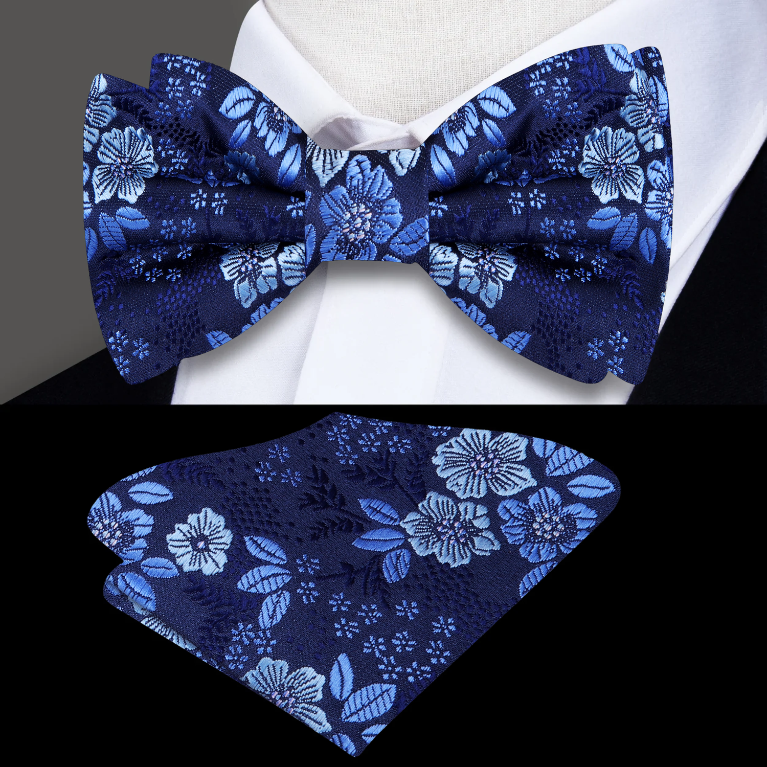 Navy blue floral bow tie and pocket square set on a white shirt.