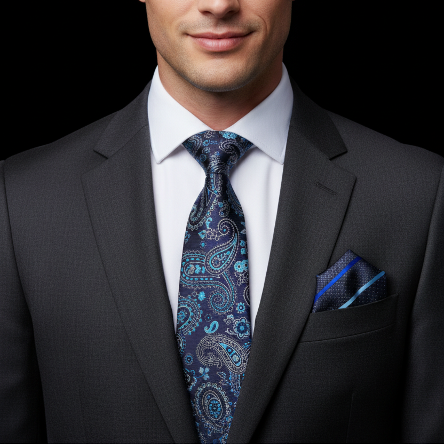 Blue paisley tie and accenting square on man