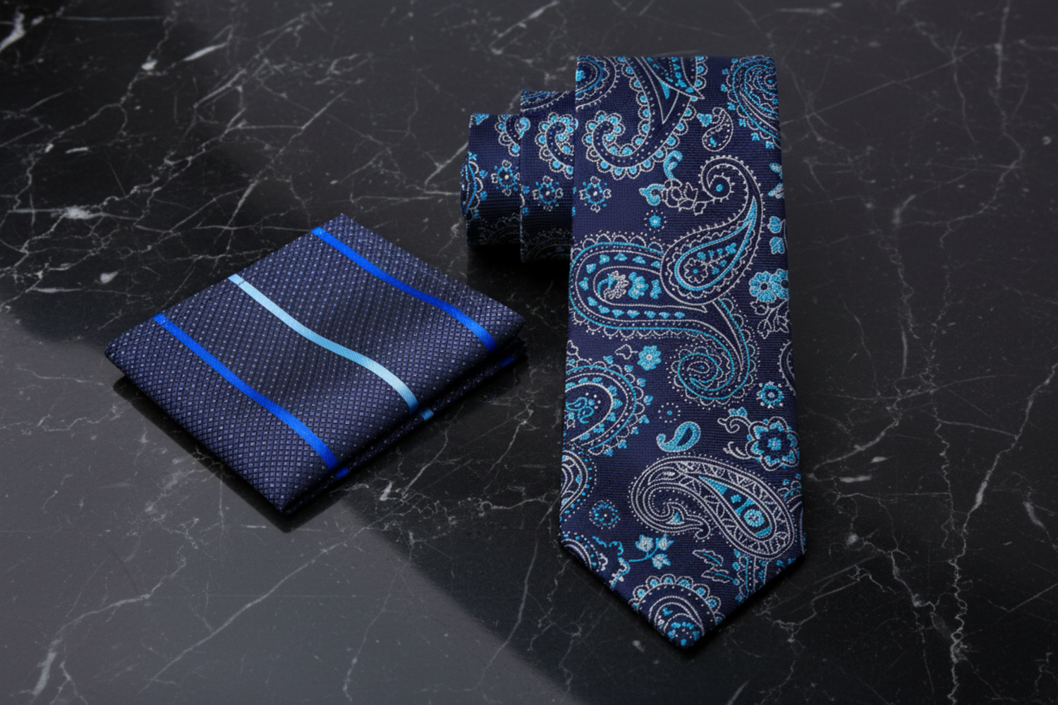 alt Shades of Blue and Grey Paisley Tie and Accenting Stripe Square