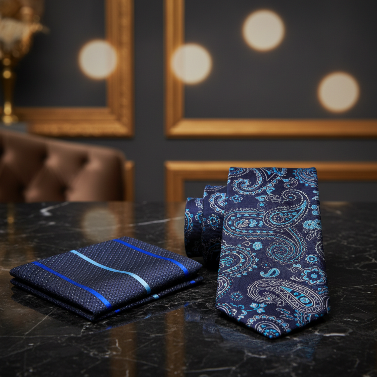 alt Shades of Blue Paisley Necktie and accenting square