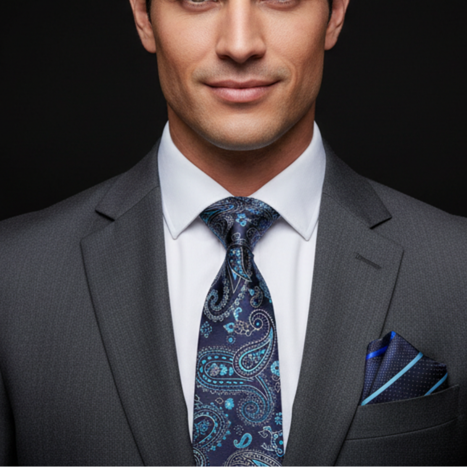 Blue paisley tie and accenting stripe square on man with grey suit