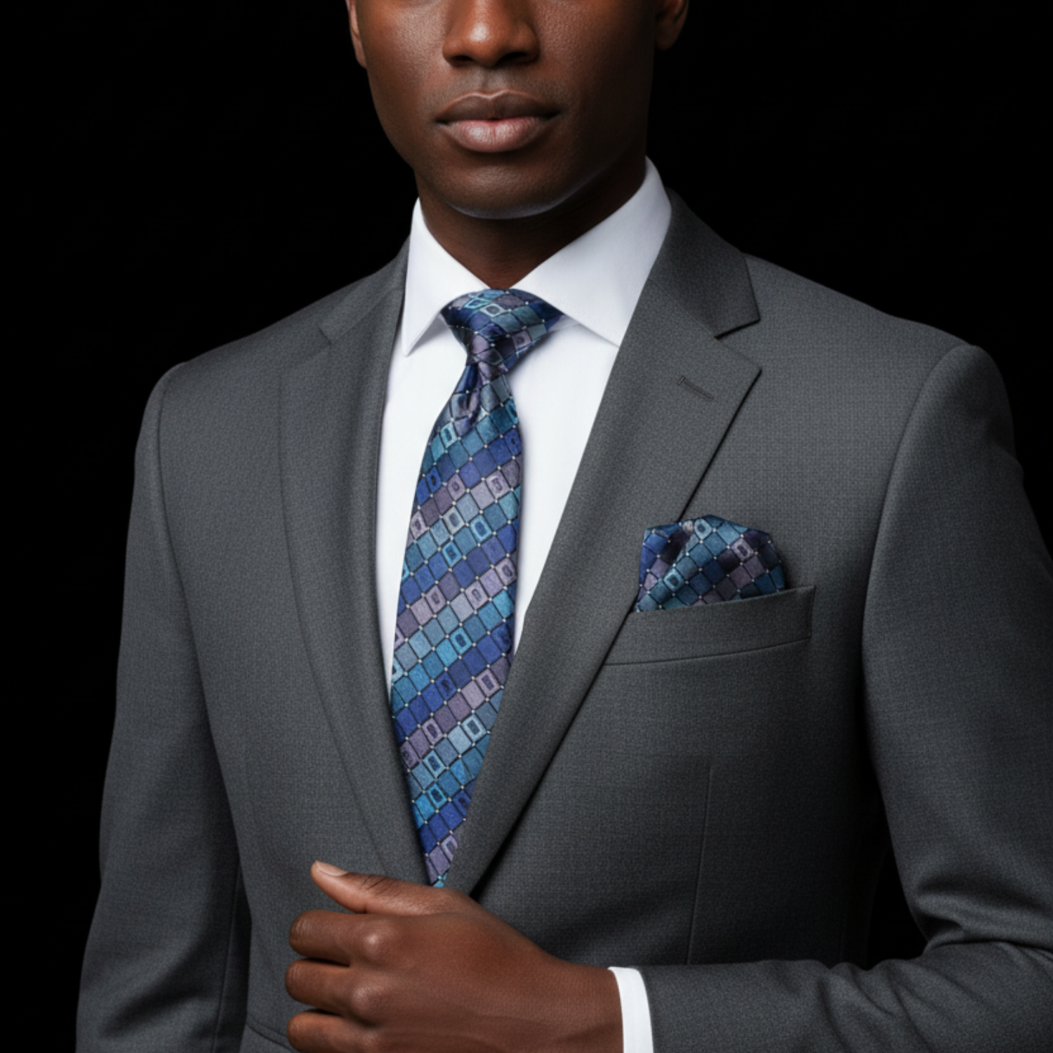 Man wearing a gray suit with a blue patterned tie and pocket square on a black background