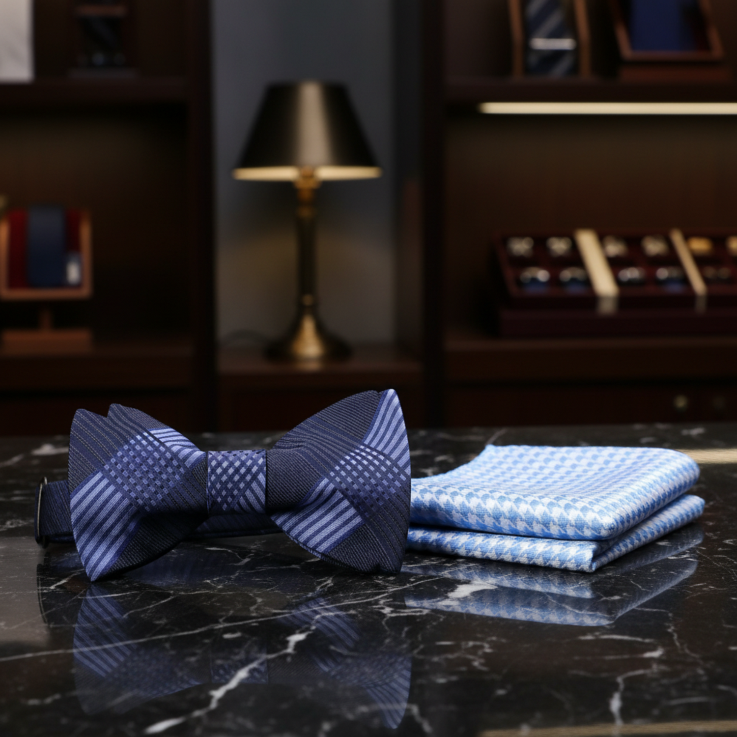 Shades of Blue Plaid Bow Tie and Accenting Square