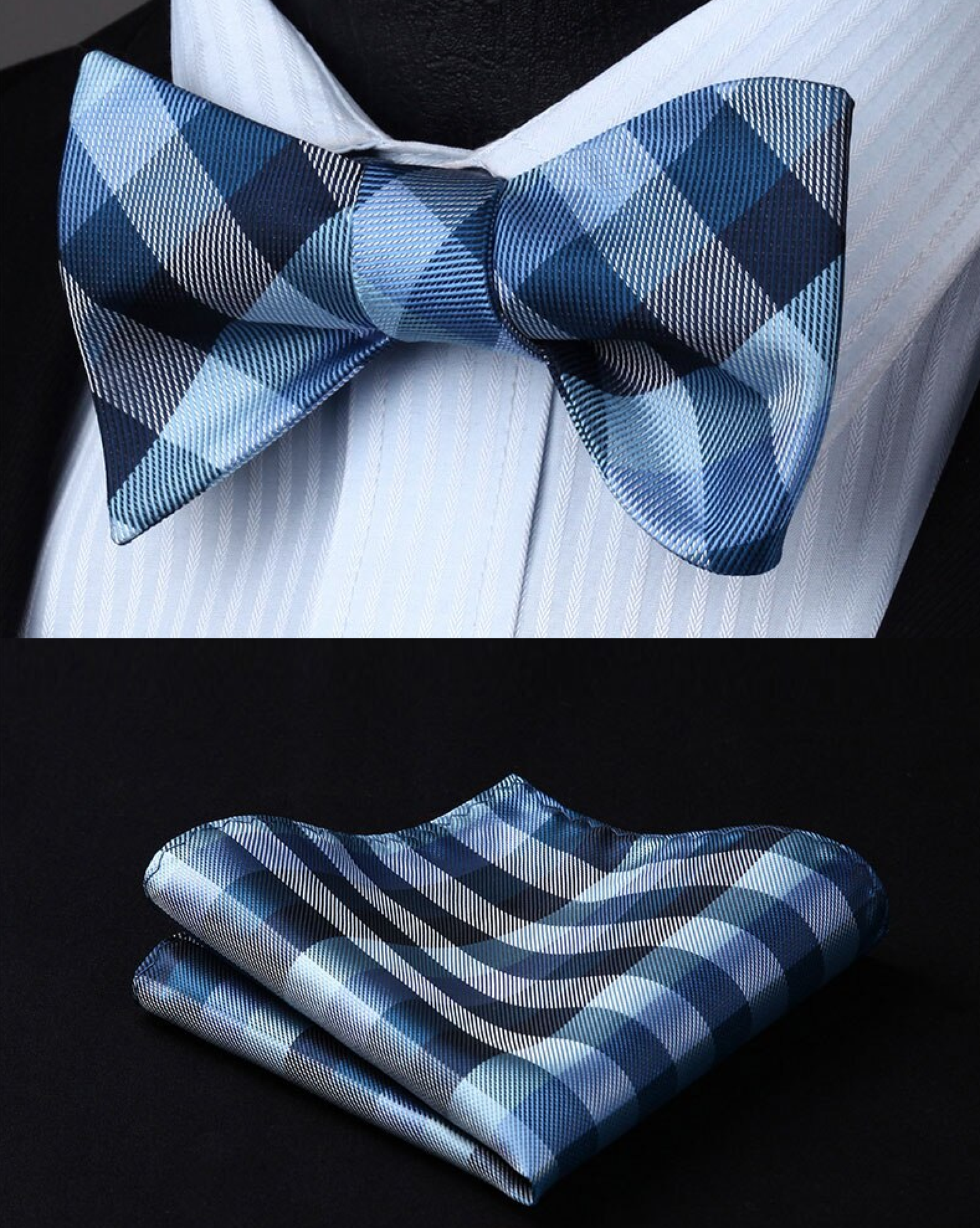 A multicolored geometric check pattern bow tie in shades of blue 