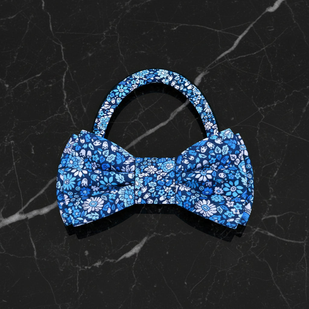 Blue Dark Blue White Intricate Floral Bow Tie Pre Tied