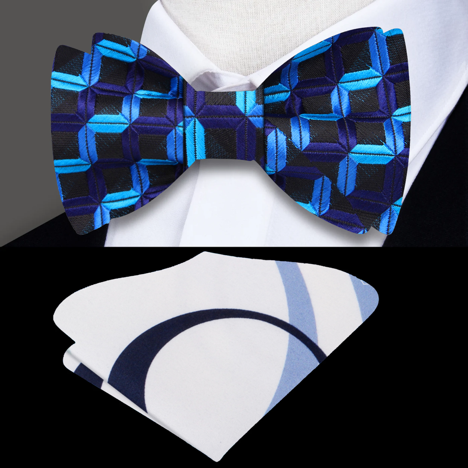 A Blue, Dark Blue Geometric Blocks Pattern Self Tie Bow Tie, Accenting Pocket Square