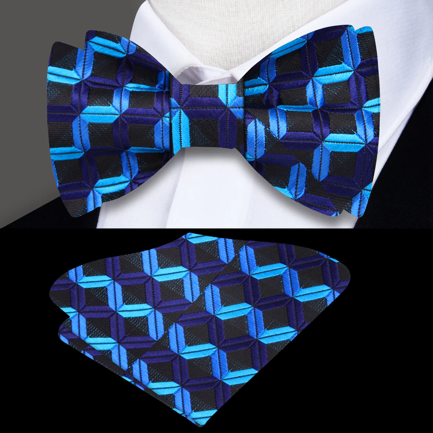 A Blue, Dark Blue Geometric Blocks Pattern Self Tie Bow Tie, Matching Pocket Square