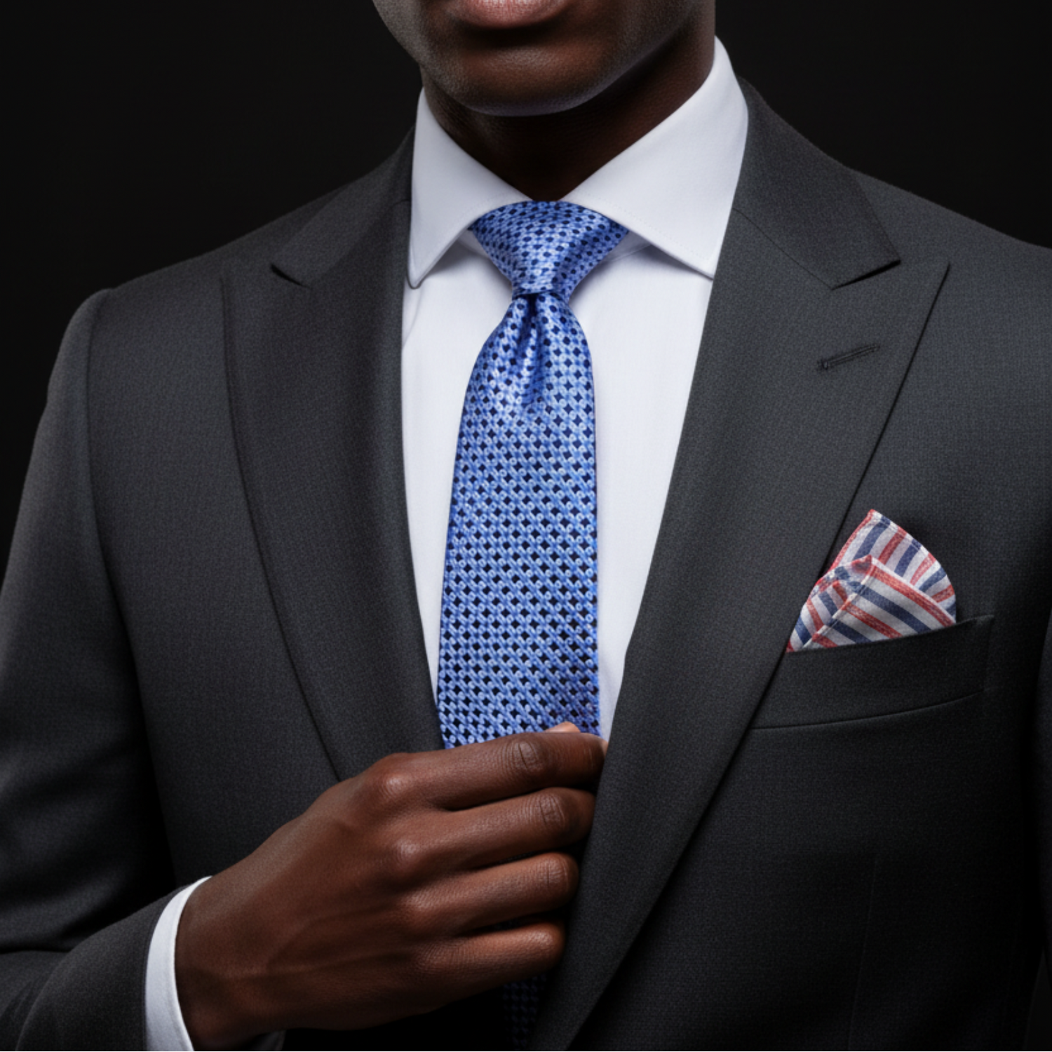 Man wearing a dark suit with a blue patterned tie and a red, white, and blue pocket square.