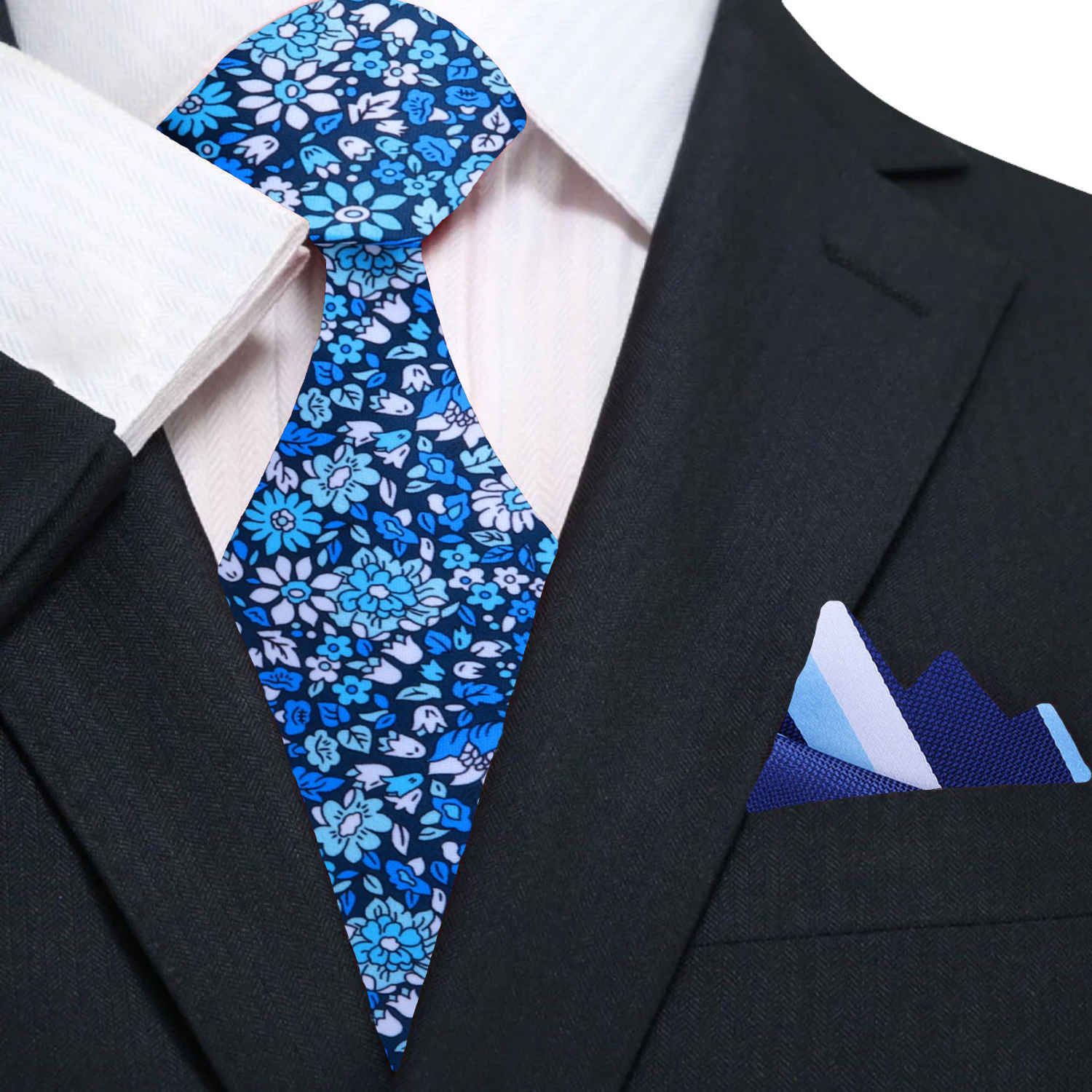 Main: Shades of Blue and White Flowers Tie and Accenting Blue White Stripe Square