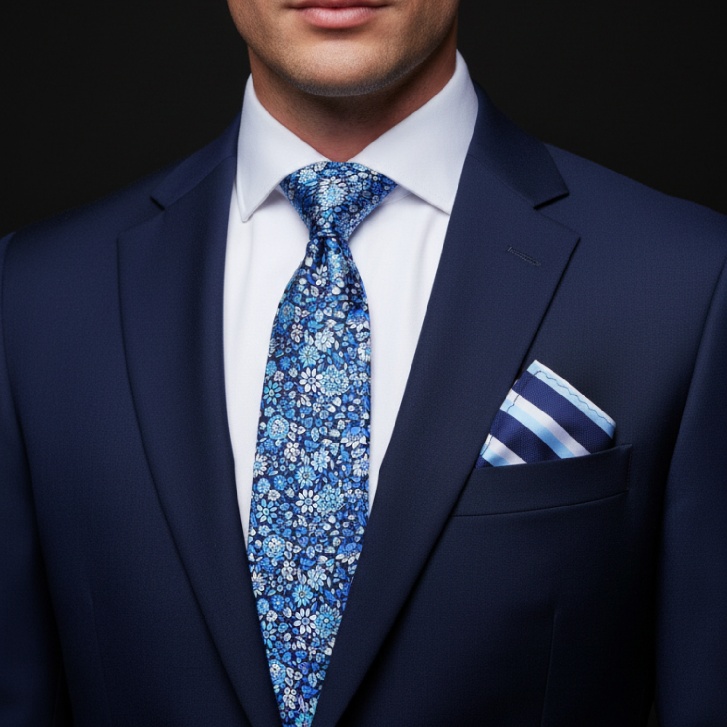 Man wearing a navy suit with a blue floral tie and striped pocket square on a black background