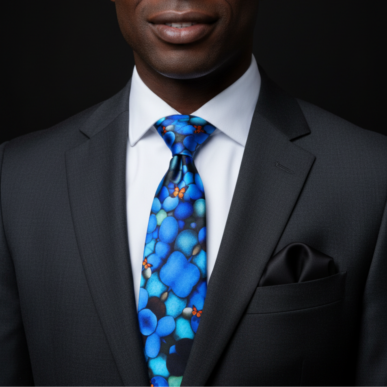 Blue Stones and Orange Butterfly Necktie