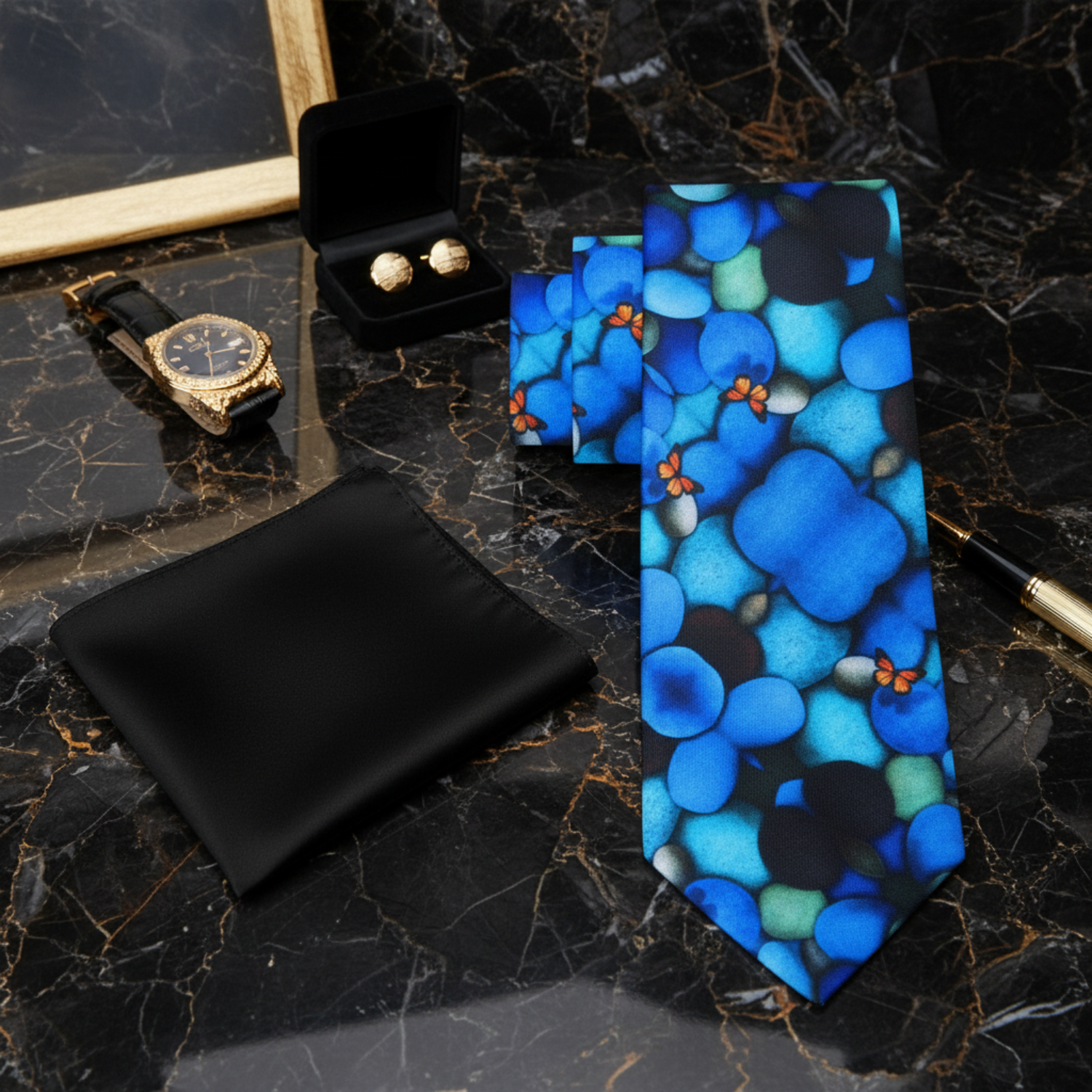 Blue Stones and Orange Butterfly Necktie