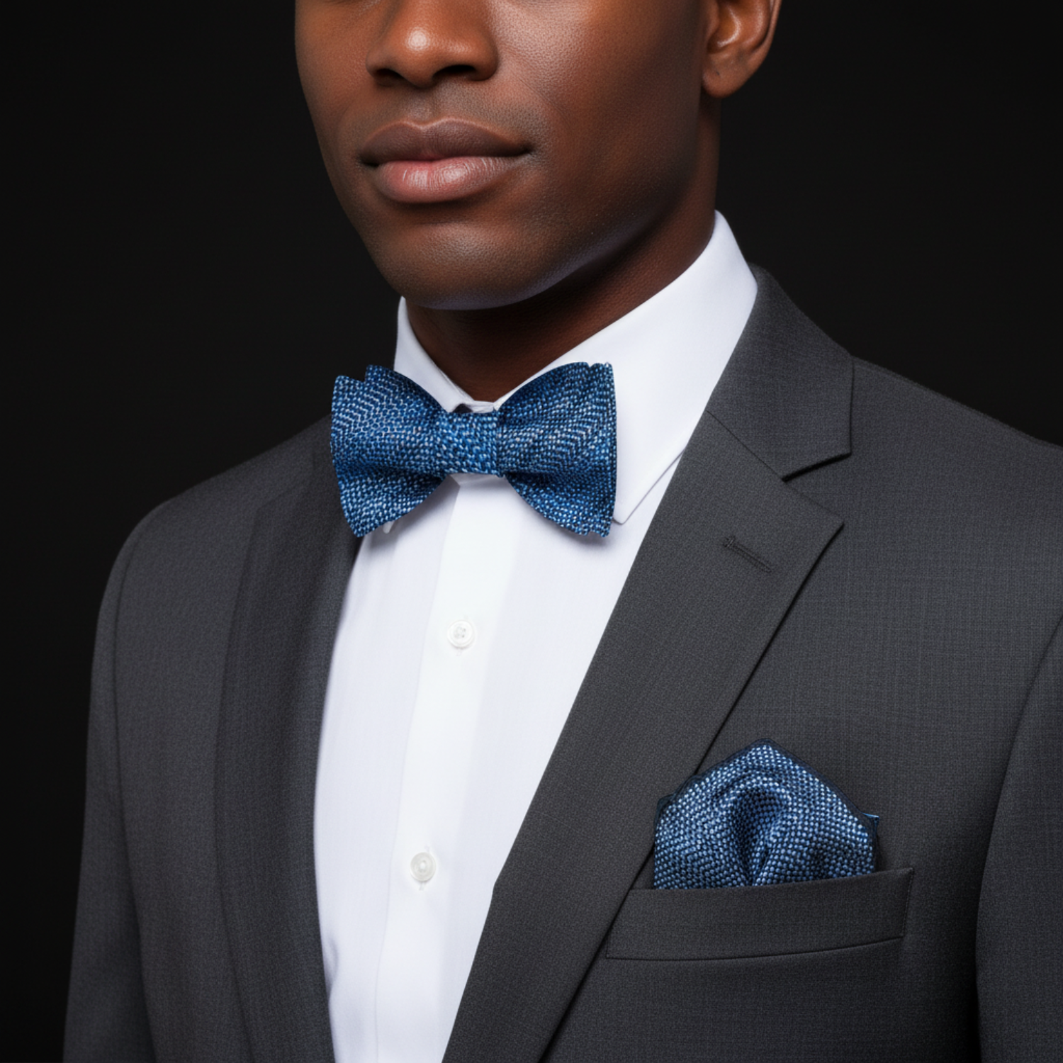 Man wearing a blue bow tie and square on suit