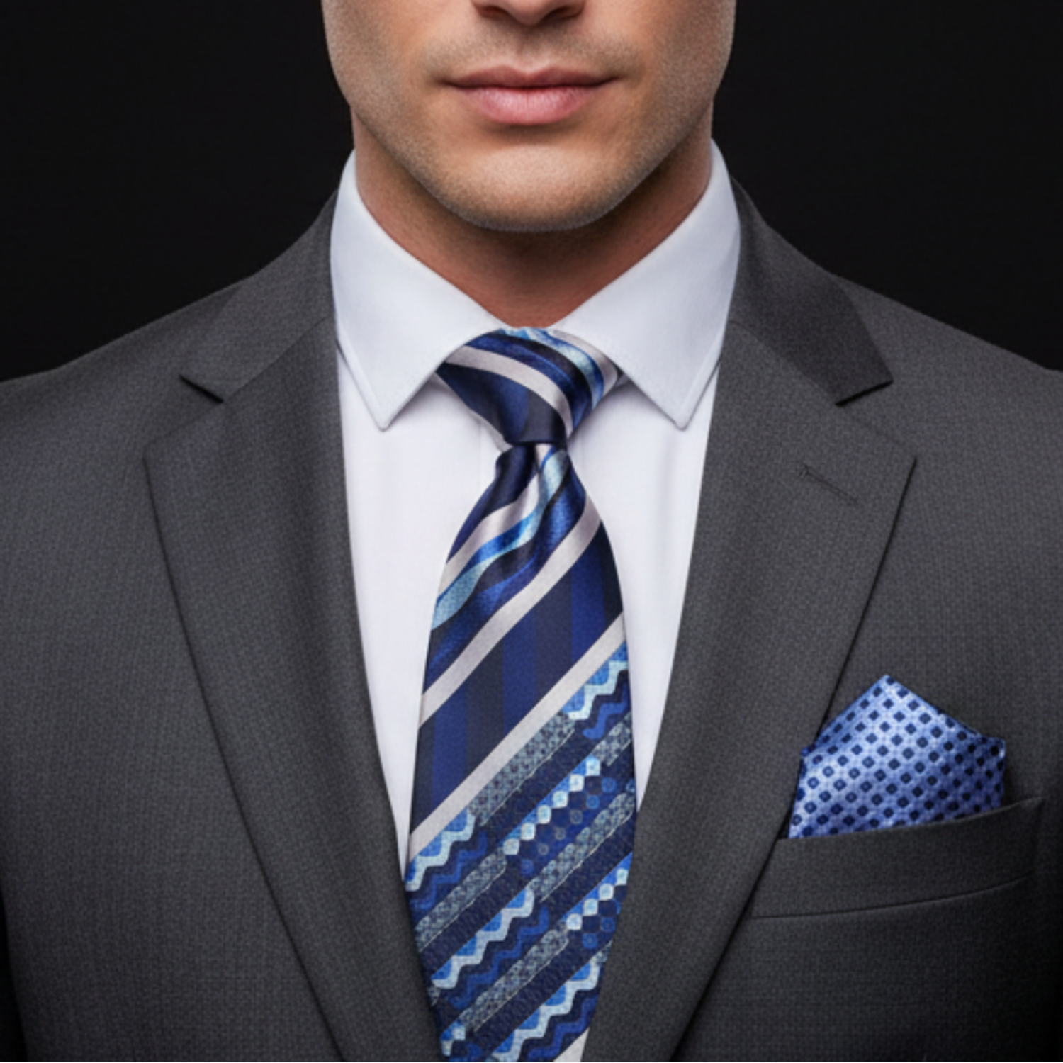 Man wearing a gray suit with a blue striped tie and pocket square on a black background