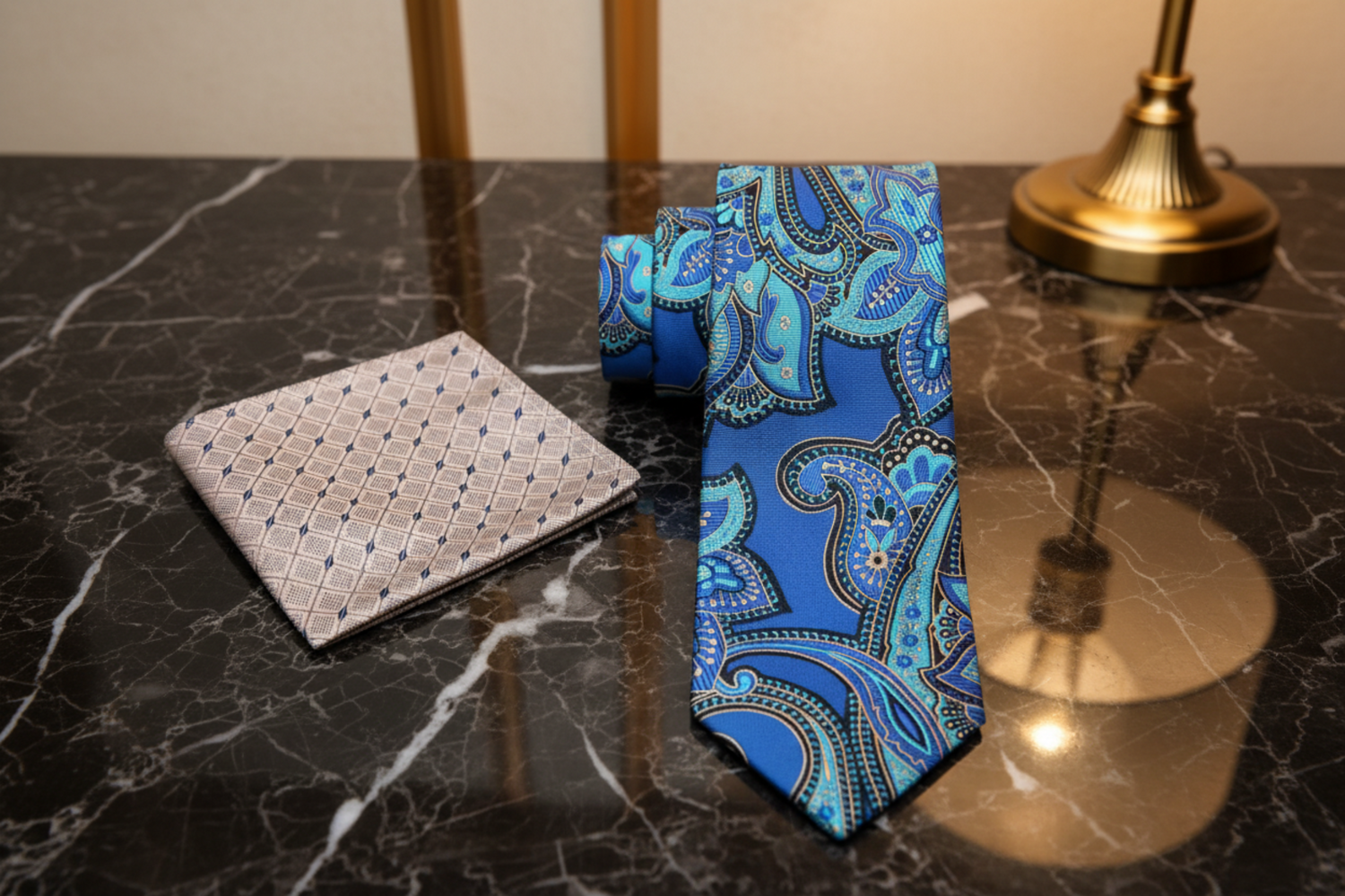 Alt Shades of Blue Paisley Tie and Accenting Cream Blue Geometric Square