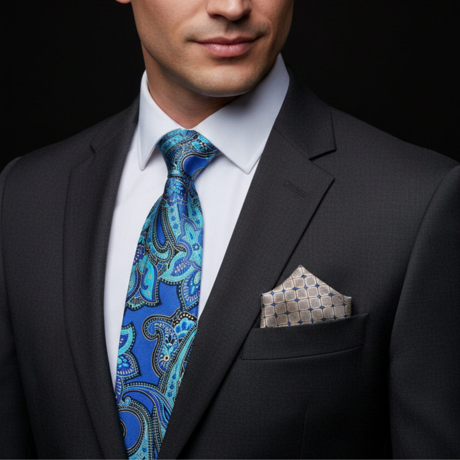 Man wearing a black suit with a blue paisley tie and patterned pocket square on a dark background