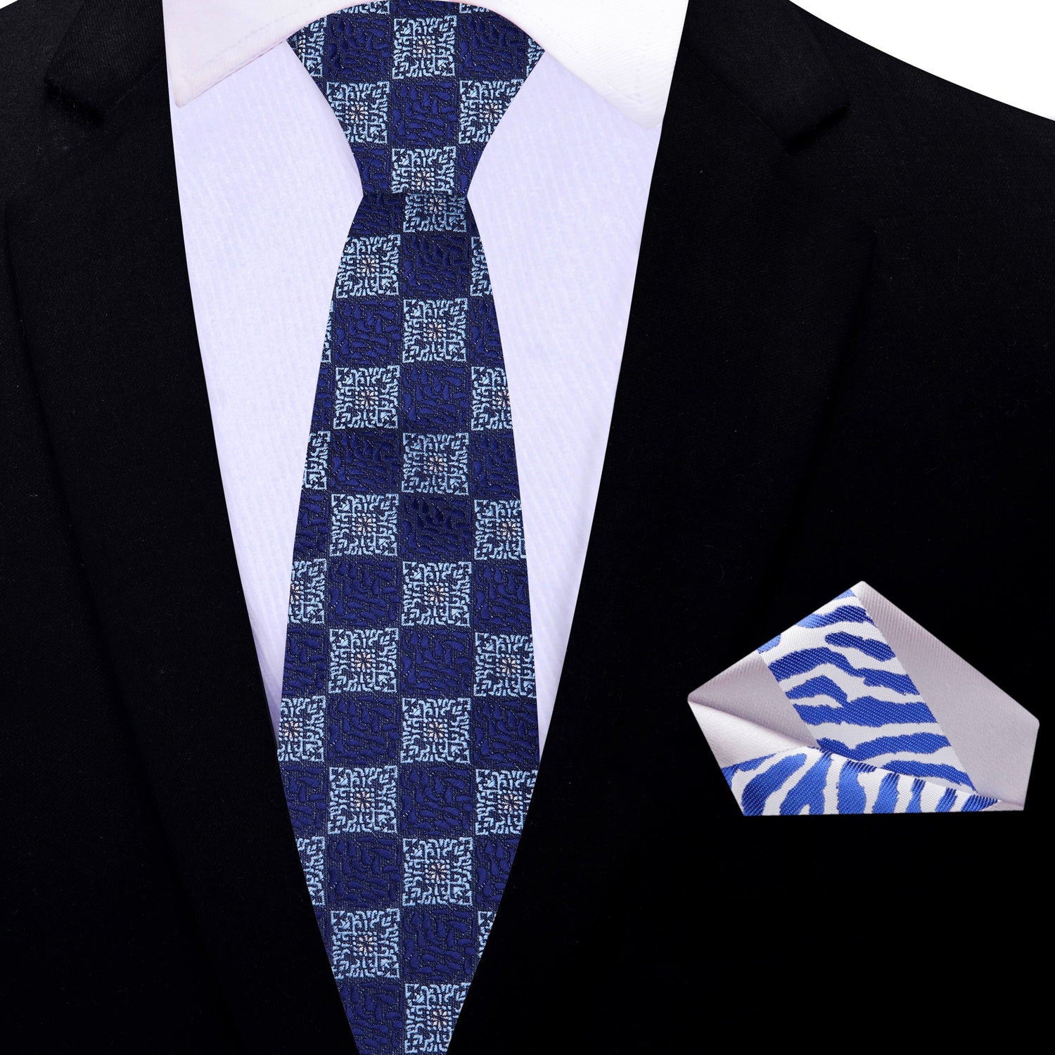 Thin Tie: Shades of Blue Geometric Necktie and White, Blue Abstract Square