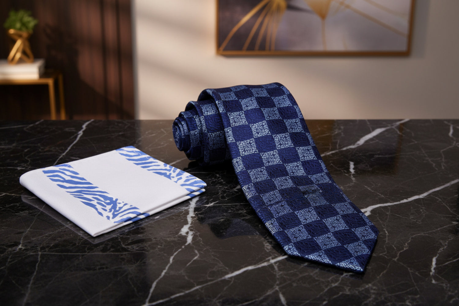 Alt View: Shades of Blue Geometric Necktie and White, Blue Abstract Square