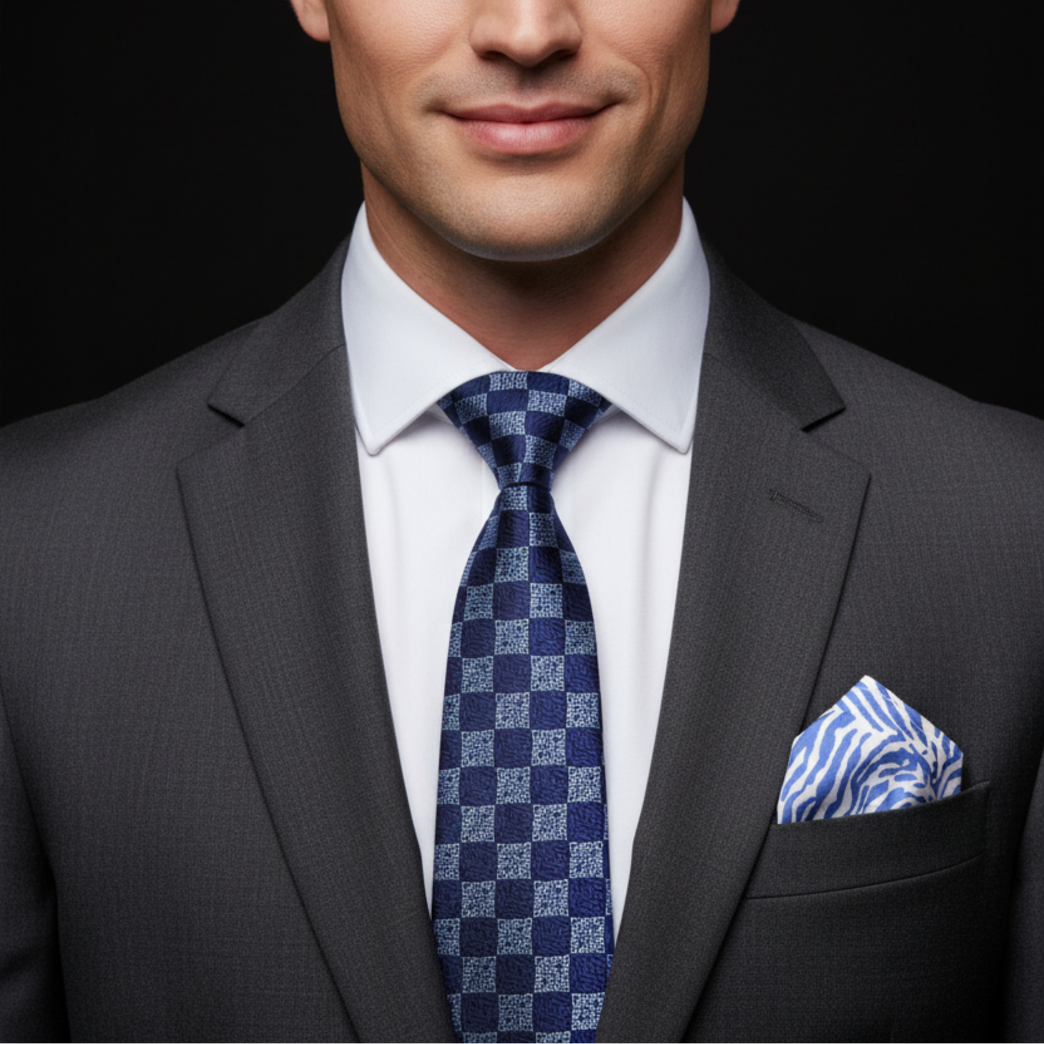 Man wearing a gray suit with a blue checkered tie and matching pocket square on a black background