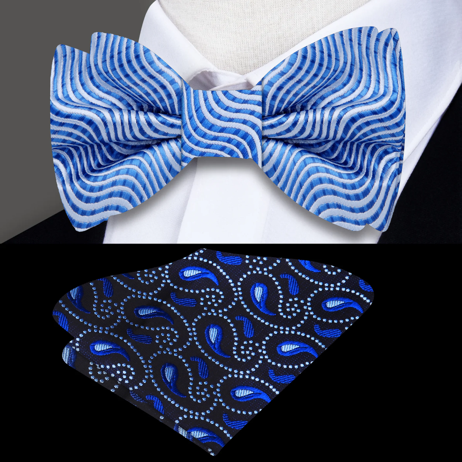 Shades of Blue Wavy Lines Bow Tie and Accenting Square