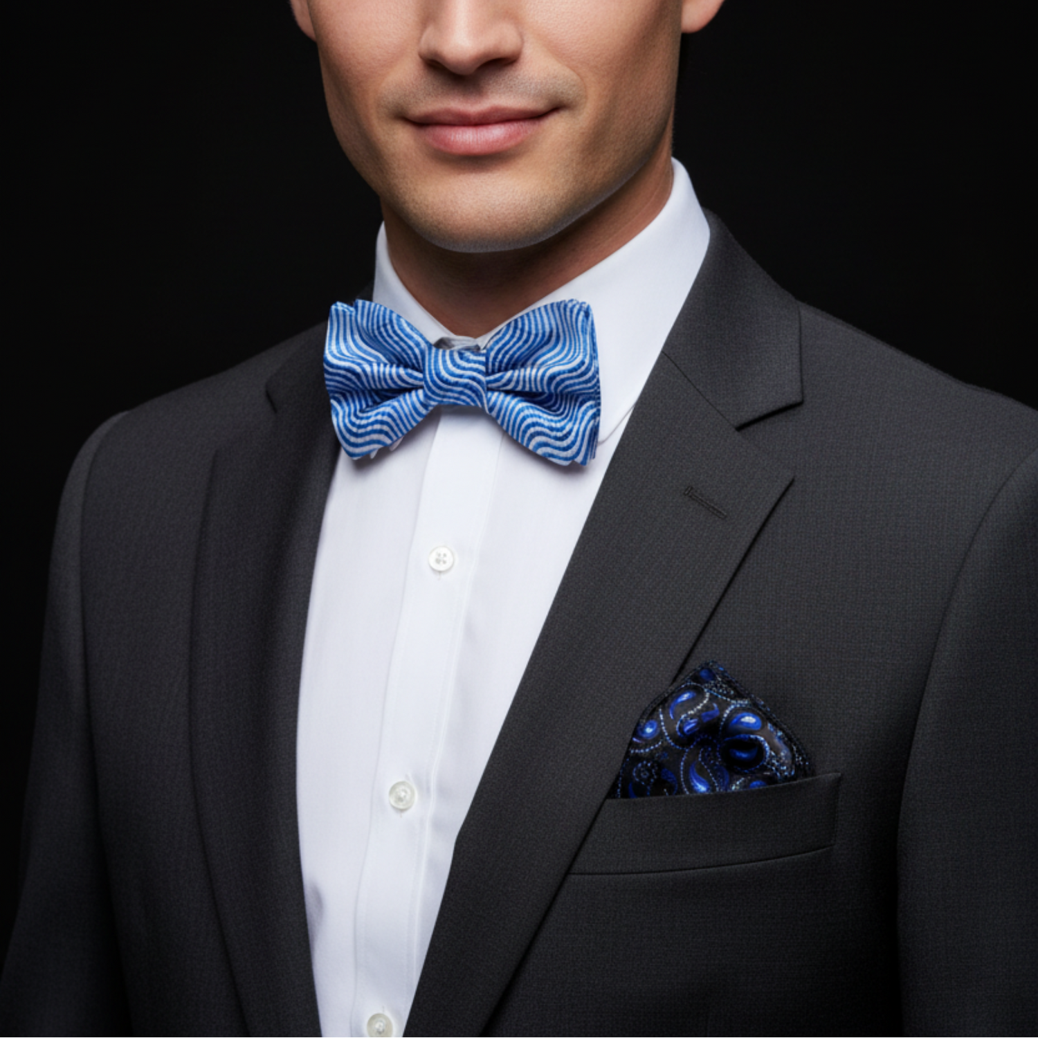 Man wearing a black suit with a blue striped bow tie and matching pocket square on a black background