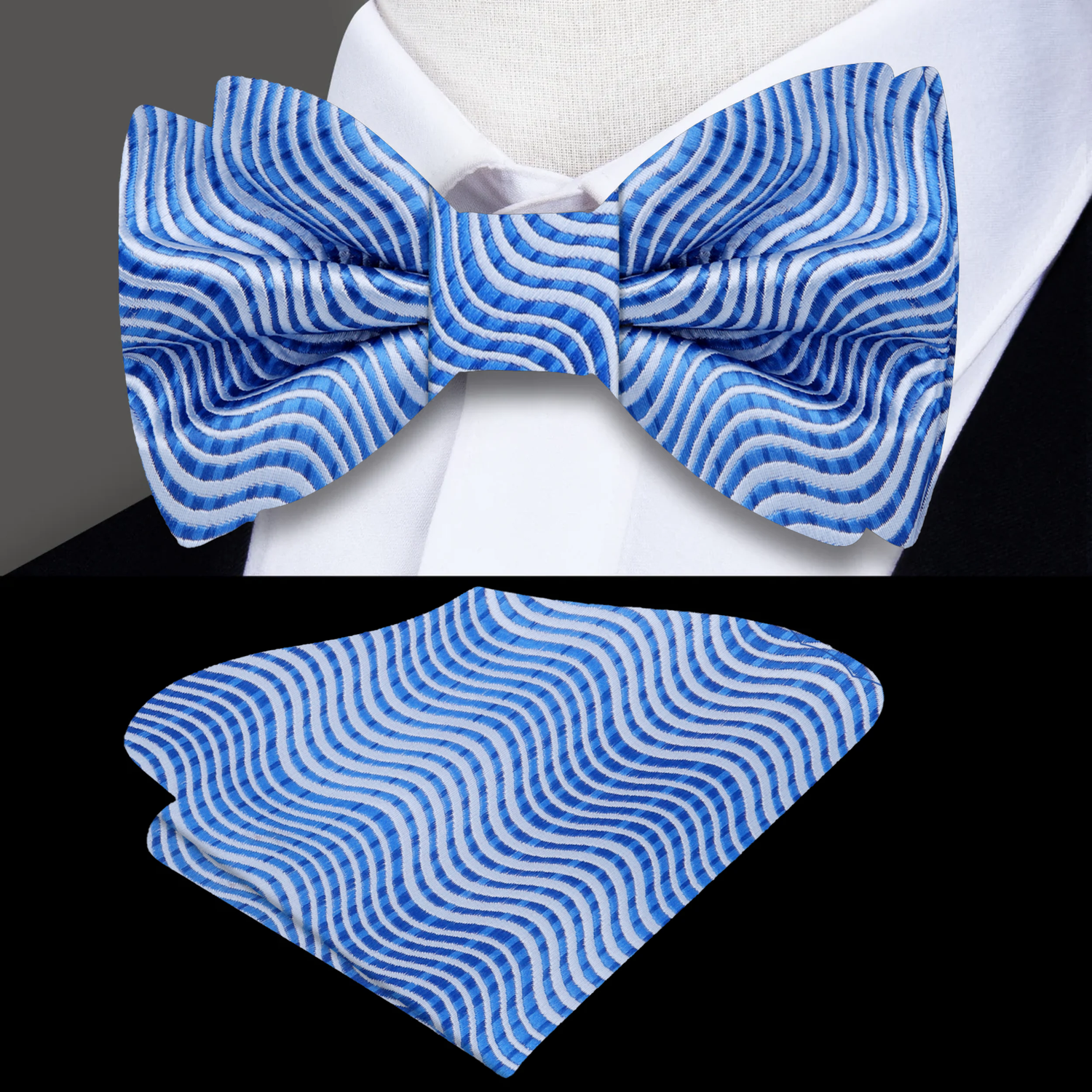 Shades of Blue Wavy Lines Bow Tie and Square