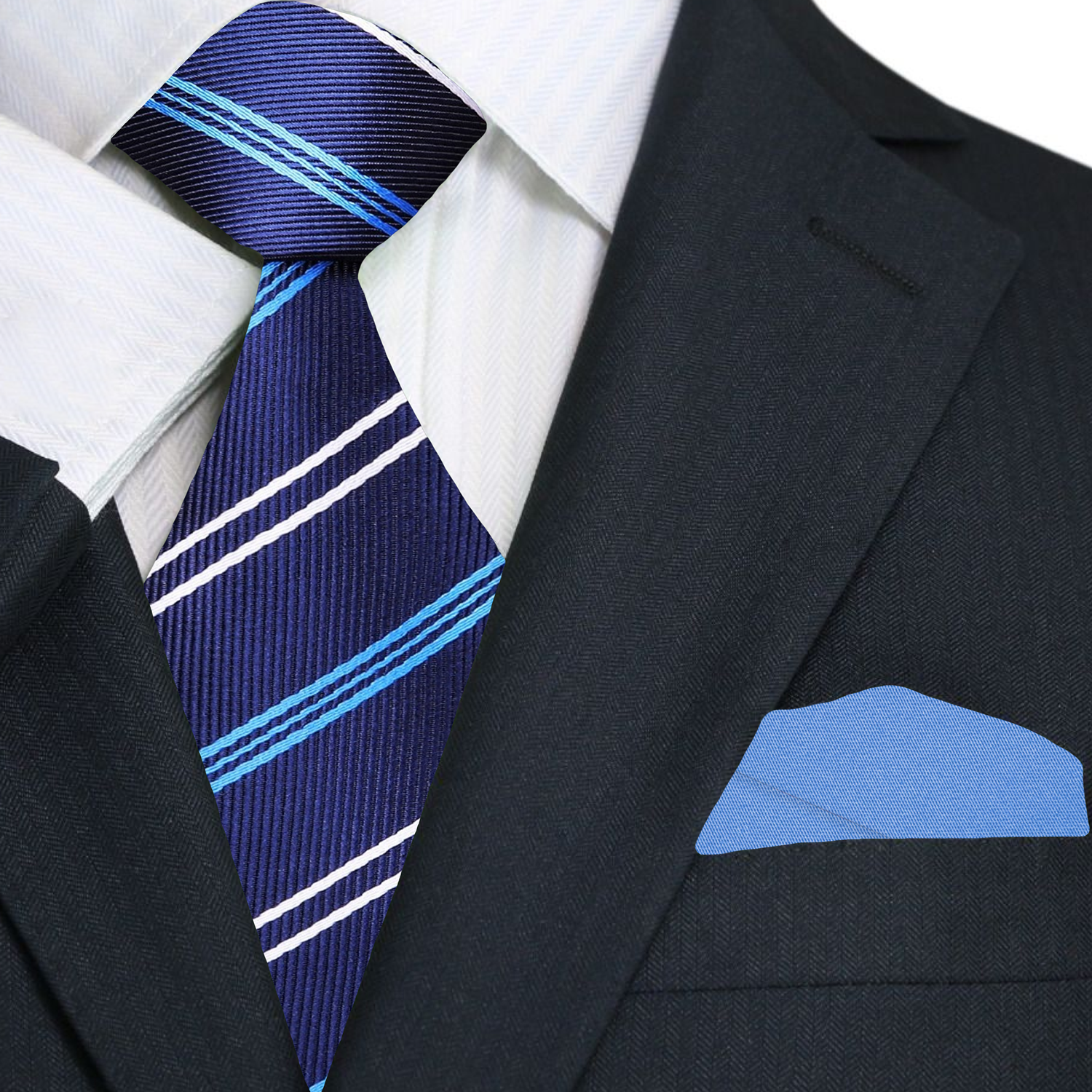 Premium A Dark Blue, Light Blue, White Stripe Necktie, Pocket Square