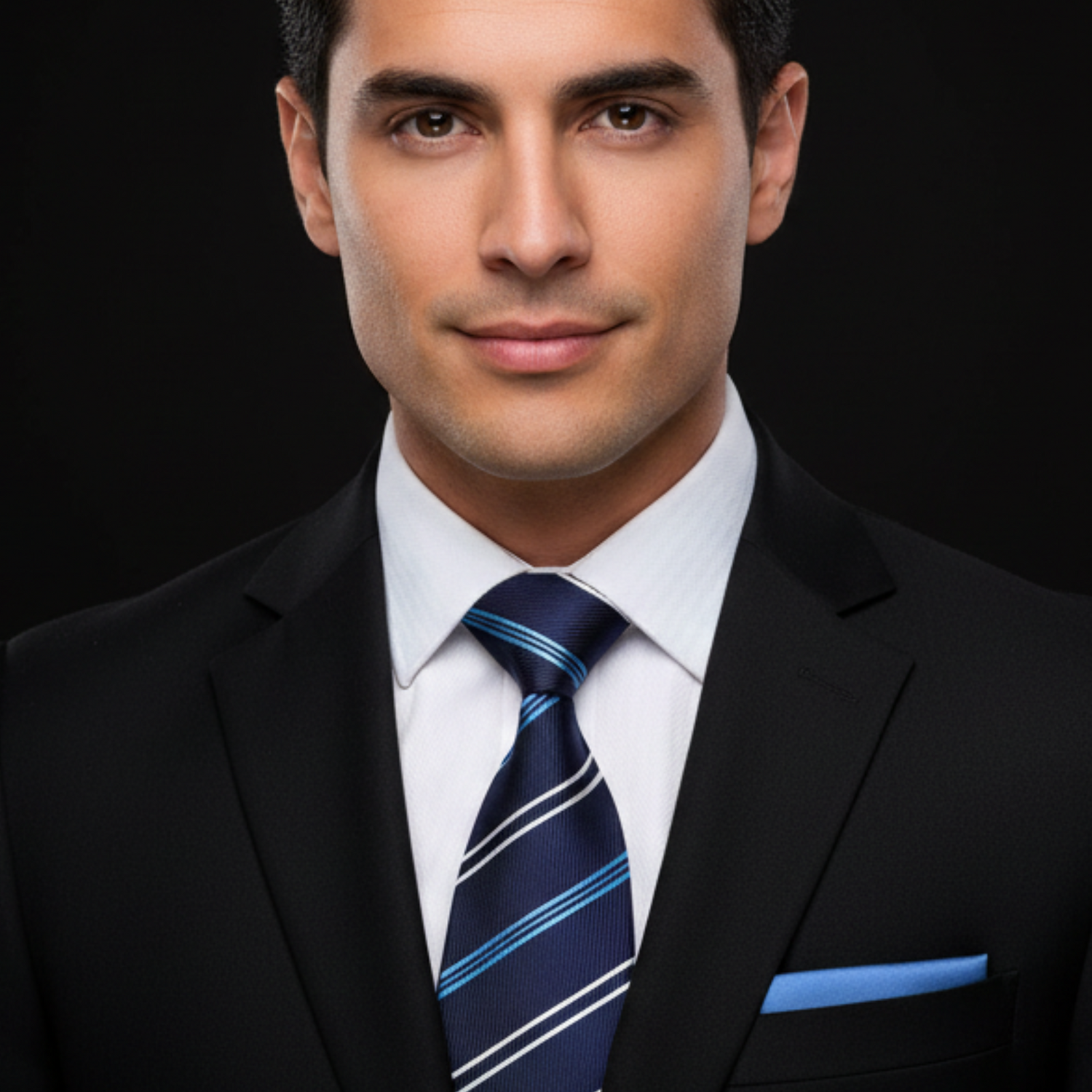 Man wearing a black suit with a blue striped tie against a black background