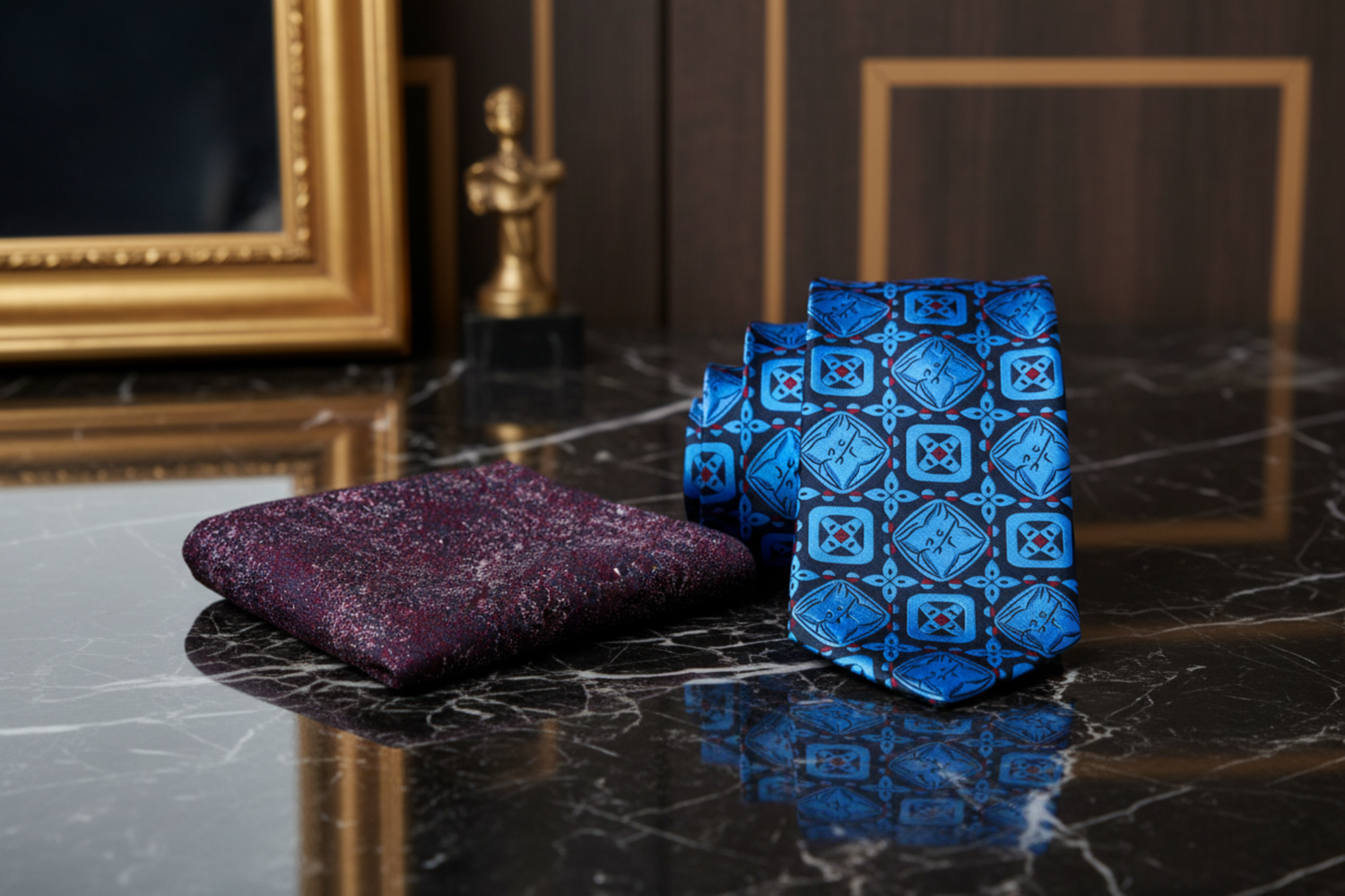 Alt View: Blue Emeralds Necktie and Accenting Burgundy Square