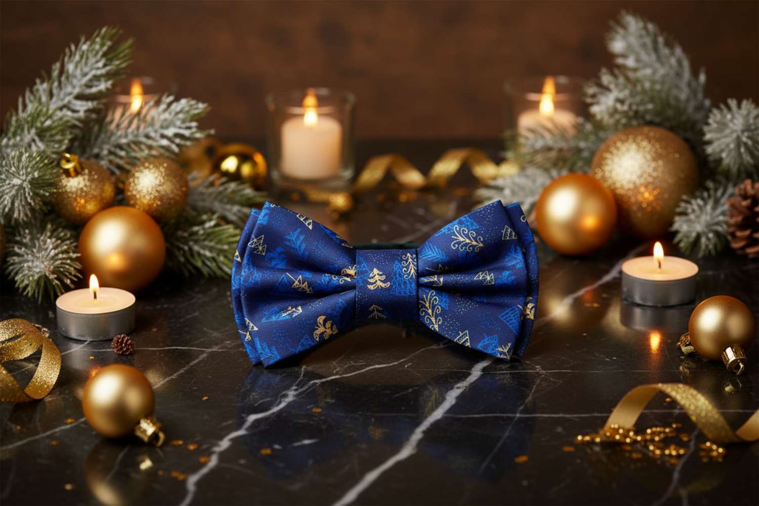 Shades of Blue and Gold Christmas Forest Bow Tie Pre Tied