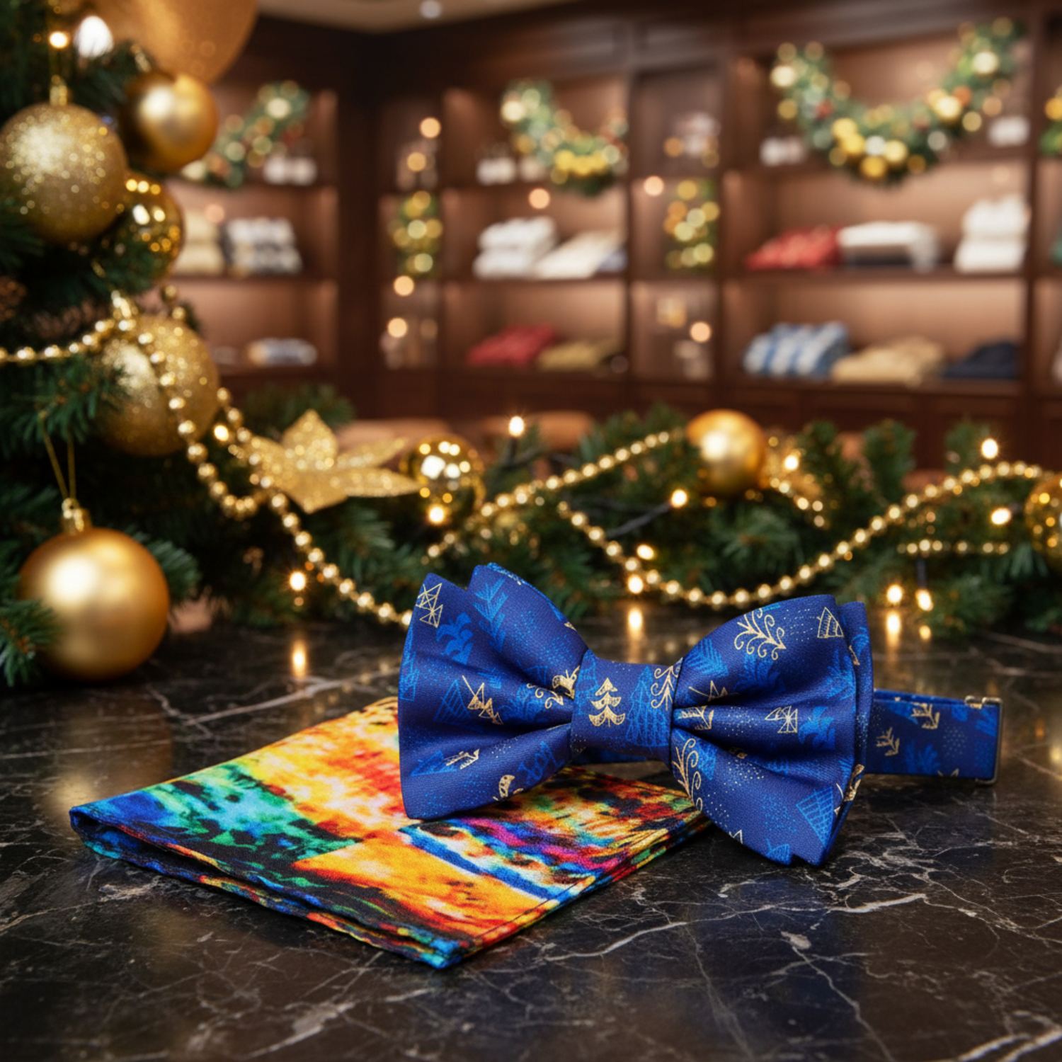Shades of Blue and Gold Christmas Forest Bow Tie and Accenting Square