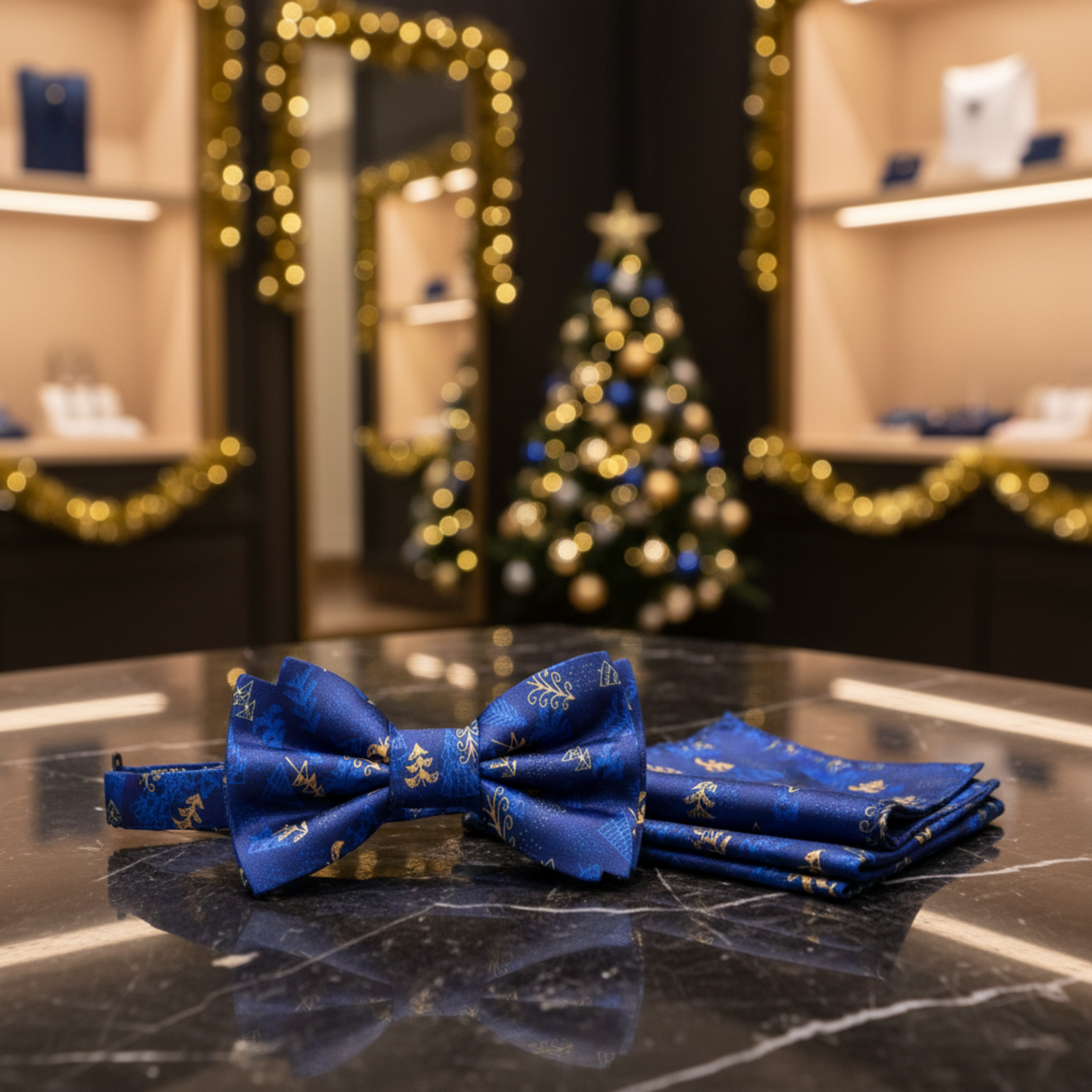 Shades of Blue and Gold Christmas Forest Bow Tie and Square